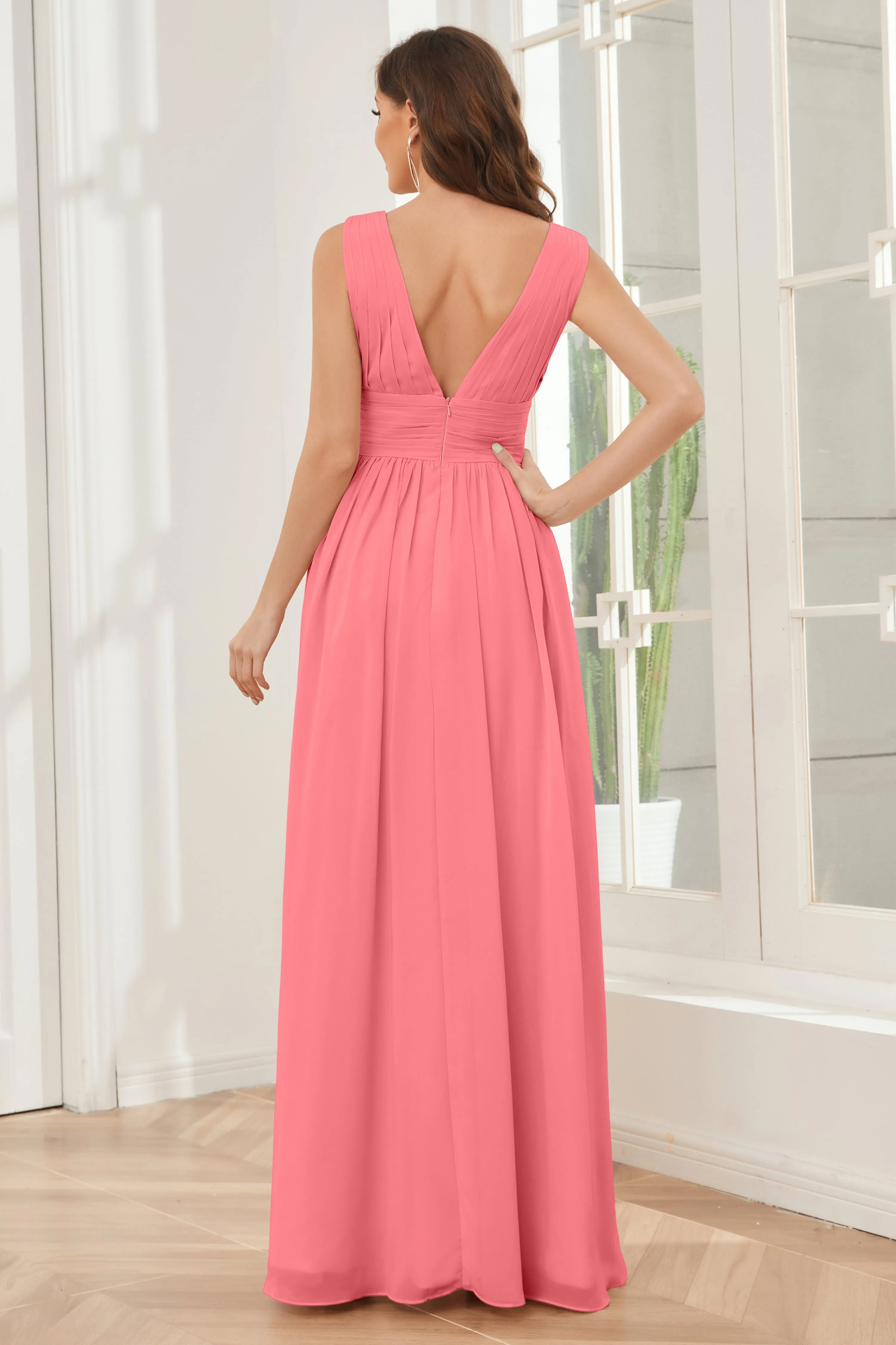 V-neck Split Chiffon Long Bridesmaid Dresses