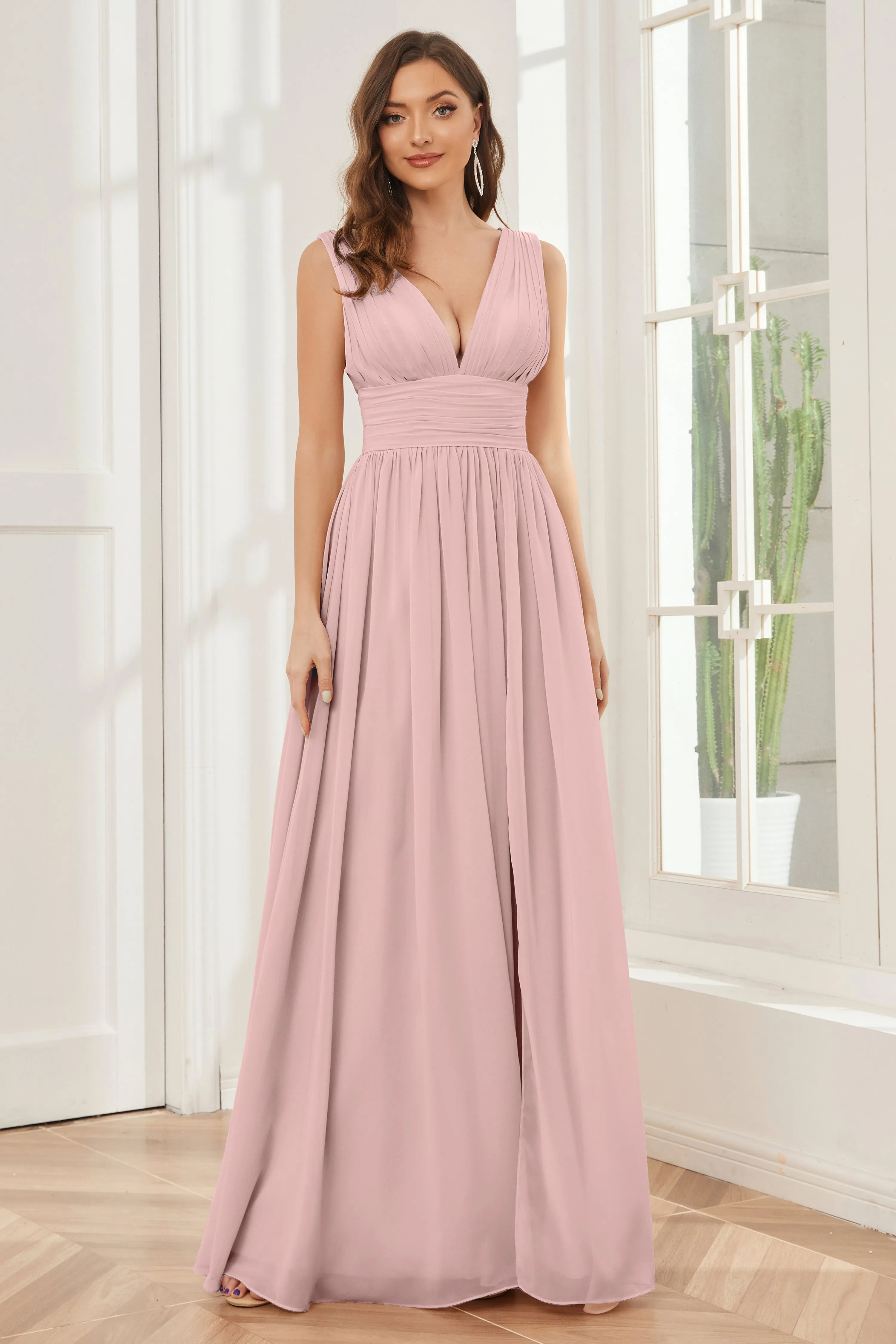 V-neck Split Chiffon Long Bridesmaid Dresses