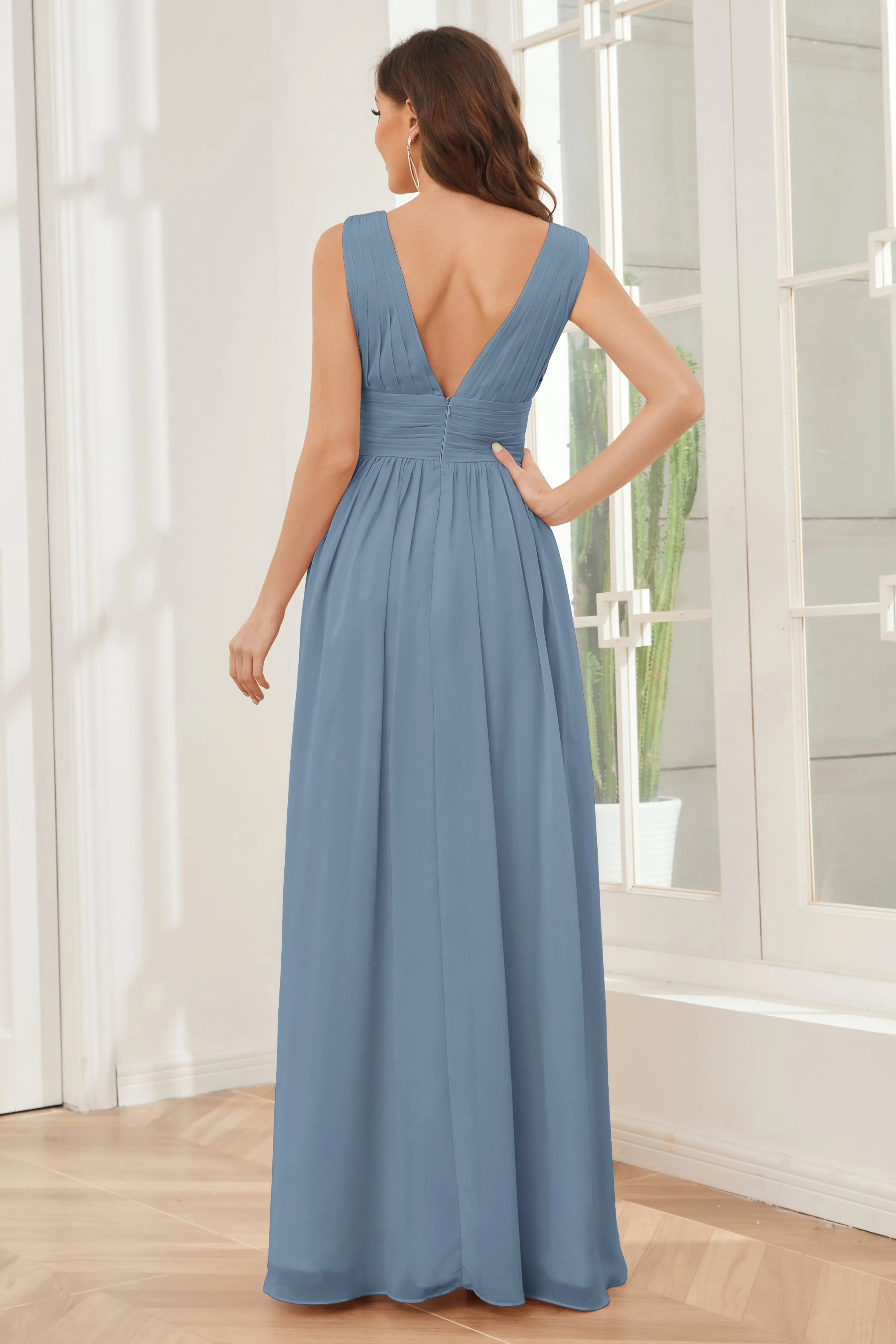 V-neck Split Chiffon Long Bridesmaid Dresses