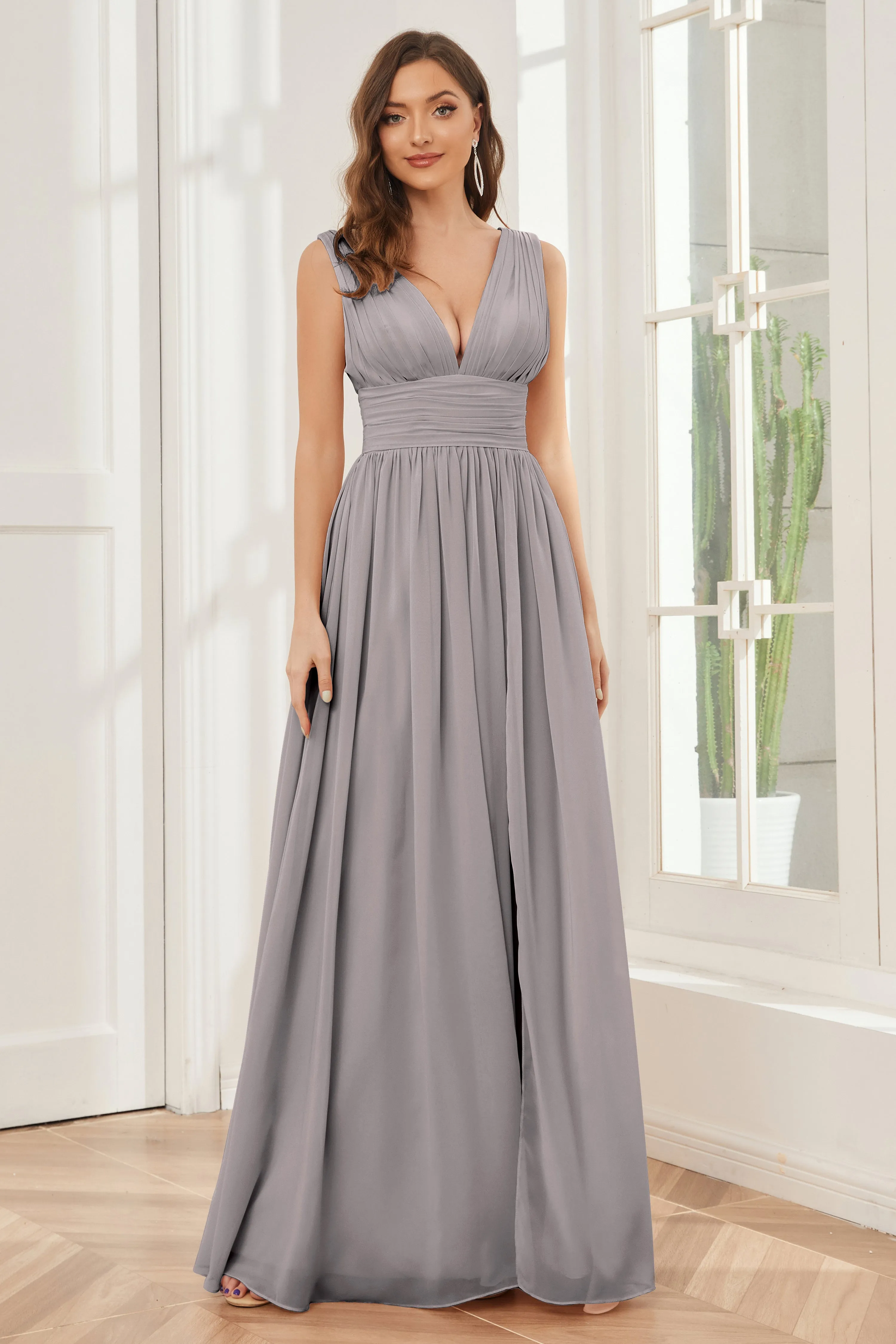 V-neck Split Chiffon Long Bridesmaid Dresses