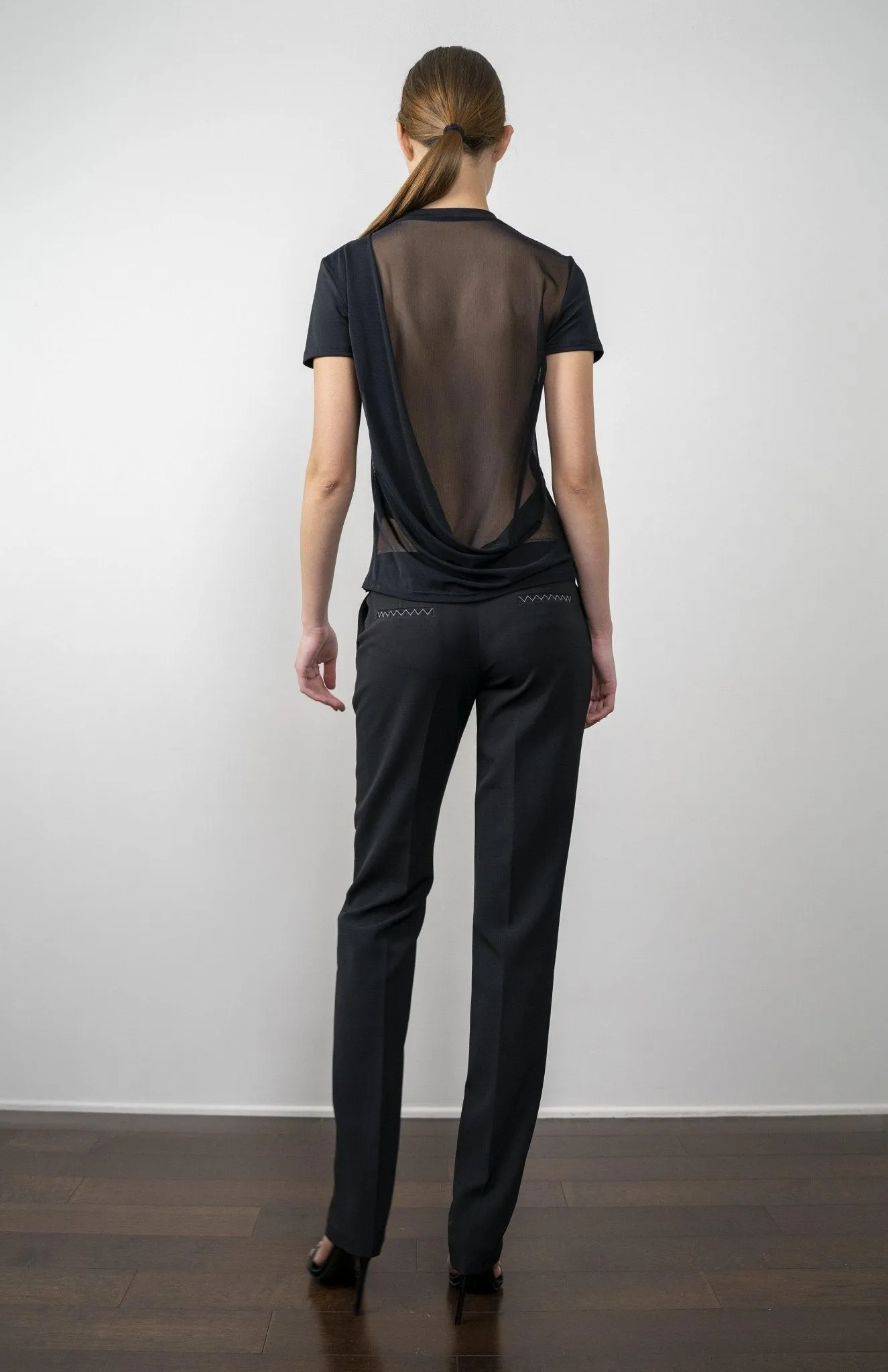 Veeta | Sleek Style: Draped Sheer Back Tee