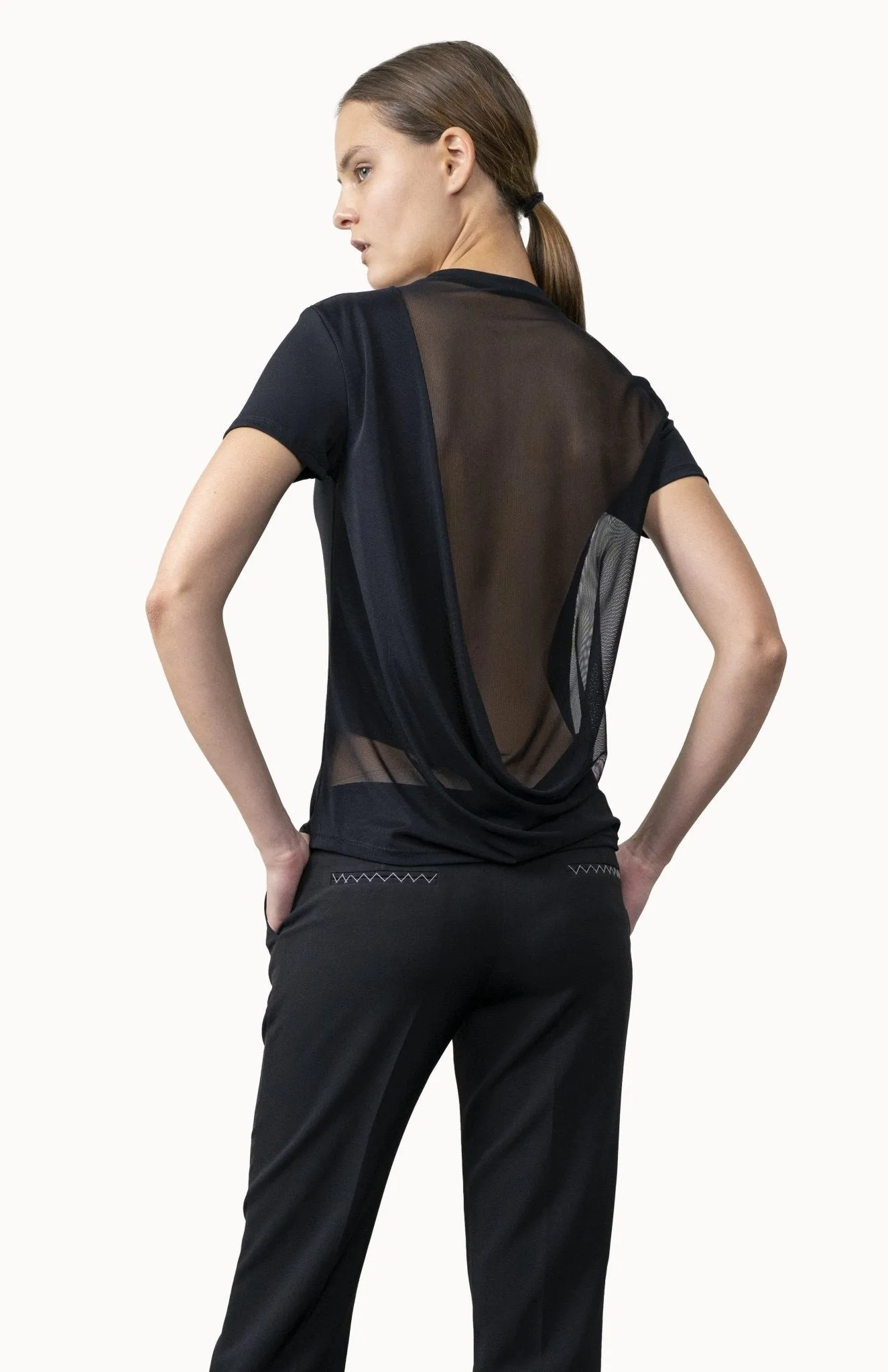 Veeta | Sleek Style: Draped Sheer Back Tee