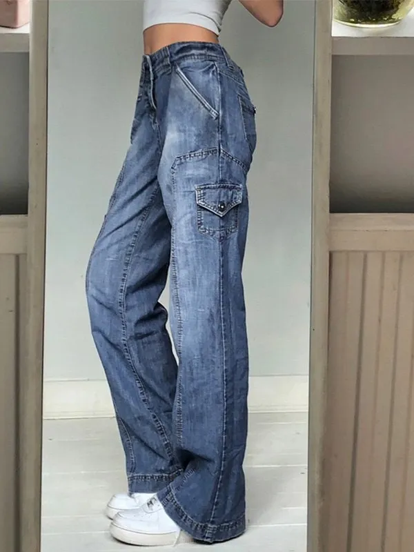 Wenkouban Bleached blue 2000s cargo pants with pockets