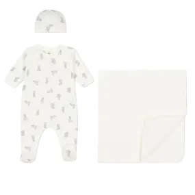 White and Grey Baby 3pc Set Bunny Footie   Hat and Blanket