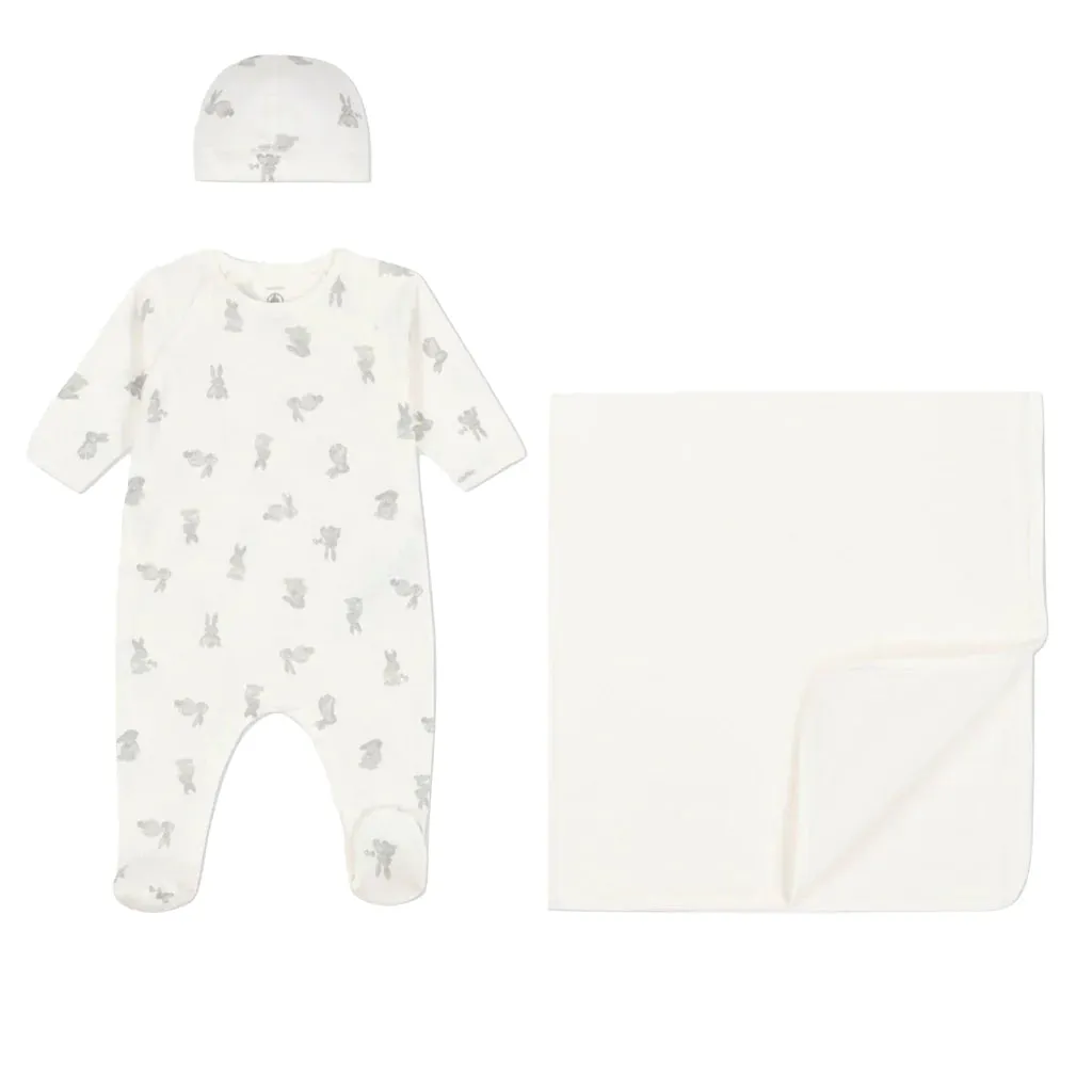 White and Grey Baby 3pc Set Bunny Footie   Hat and Blanket