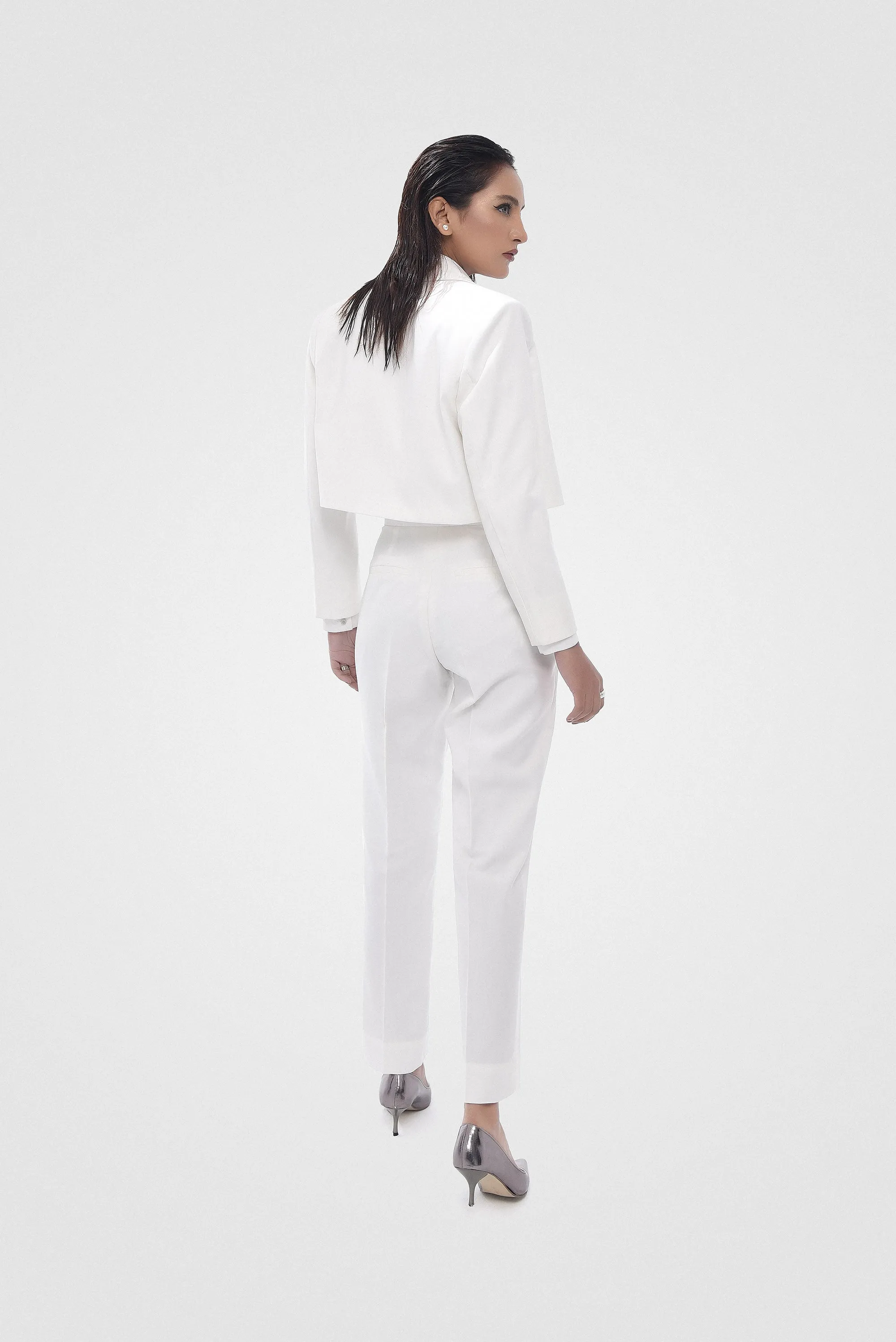 White Bird Crop Jacket Slacks Set