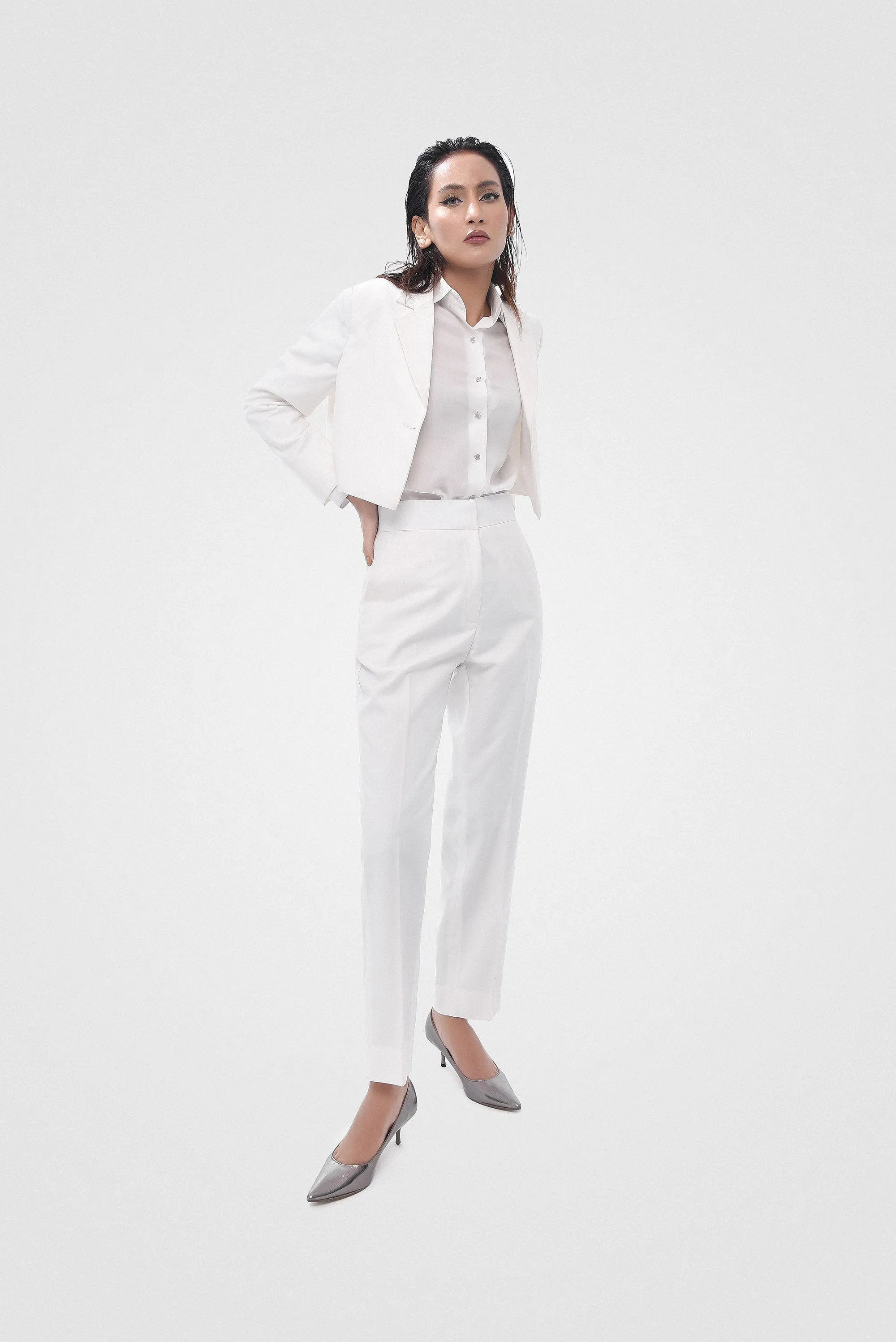 White Bird Crop Jacket Slacks Set