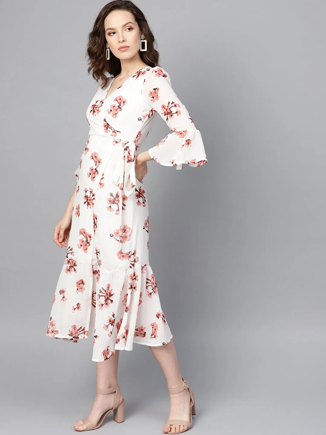 White Floral Wrap Tie Dress