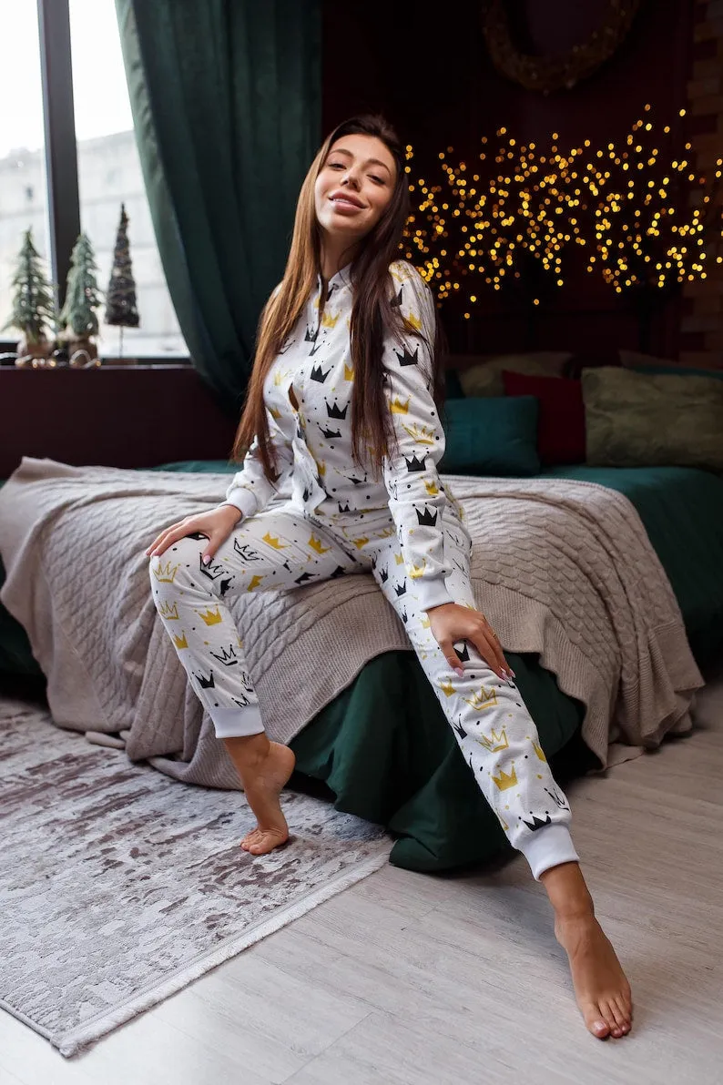 Woman cute butt flap Pajamas jumpsuit cutout SweetJama Flannel "Crowns"