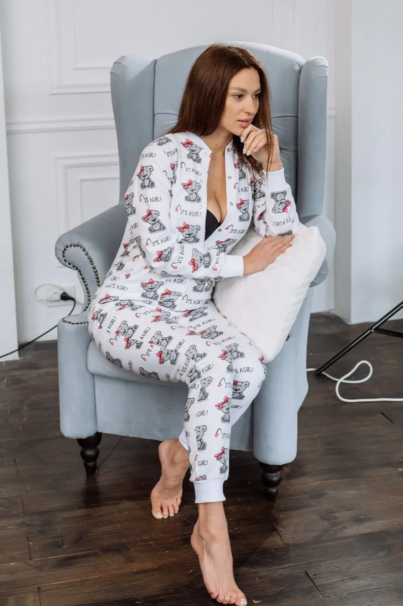 Woman cute butt flap Pajamas jumpsuit cutout SweetJama Flannel "It's a Girl!"