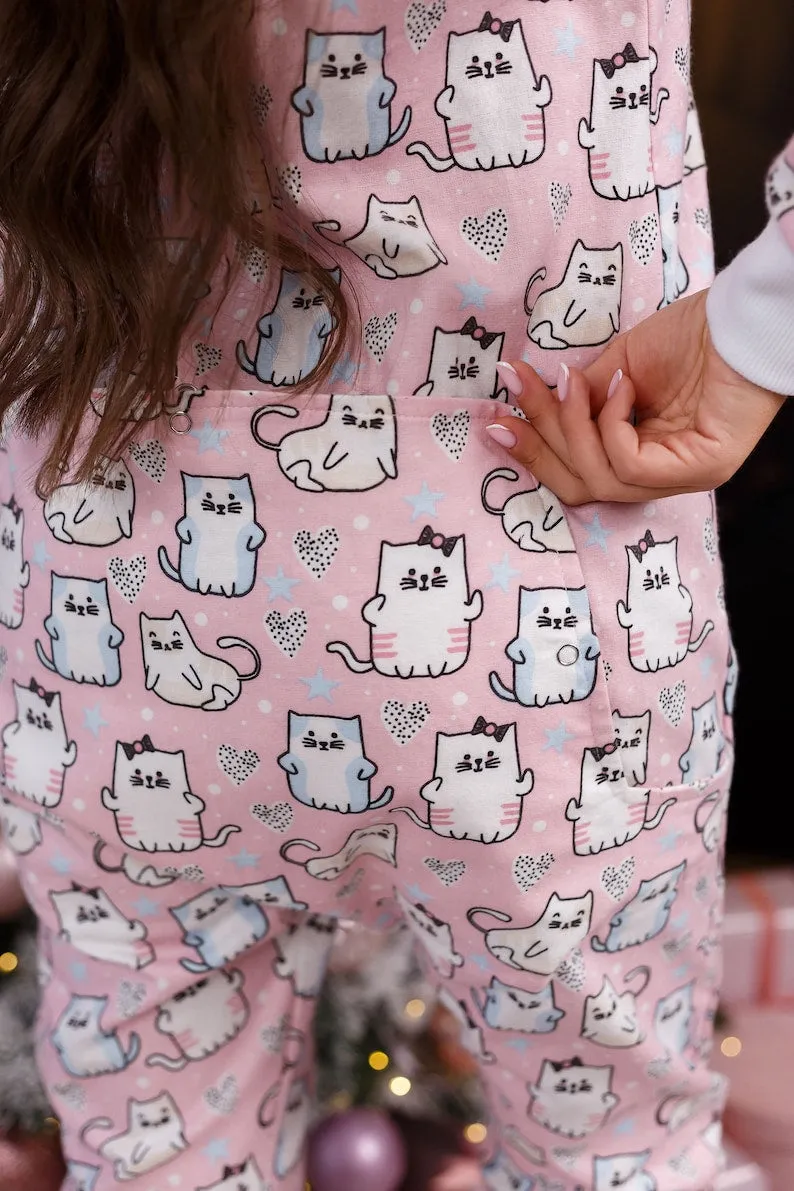 Woman cute butt flap Pajamas jumpsuit cutout SweetJama Flannel "Pink Cats"