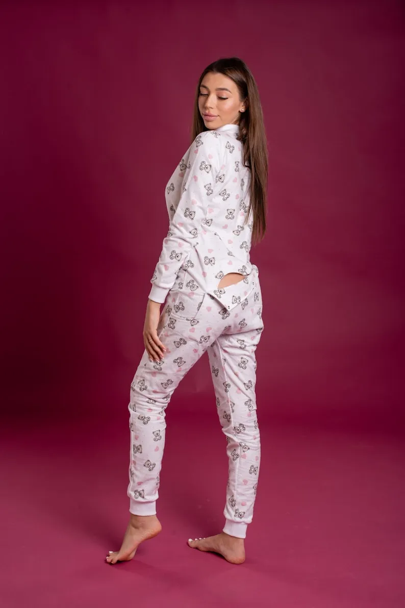 Woman cute butt flap Pajamas jumpsuit cutout SweetJama Flannel "Teddy bear with heart"