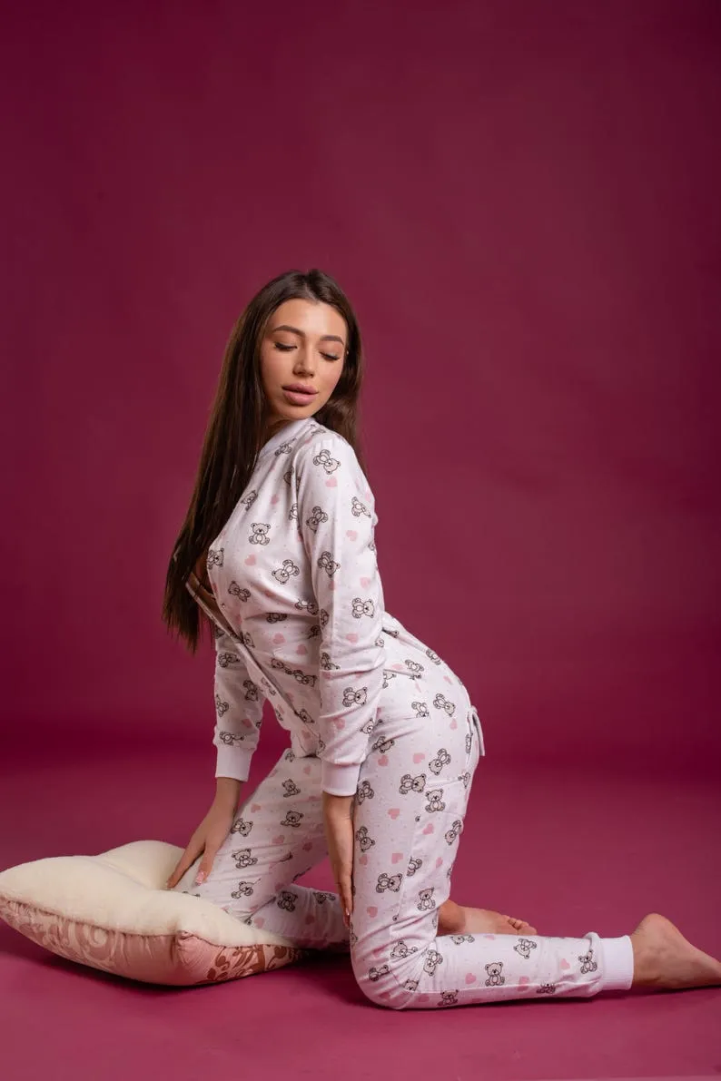 Woman cute butt flap Pajamas jumpsuit cutout SweetJama Flannel "Teddy bear with heart"