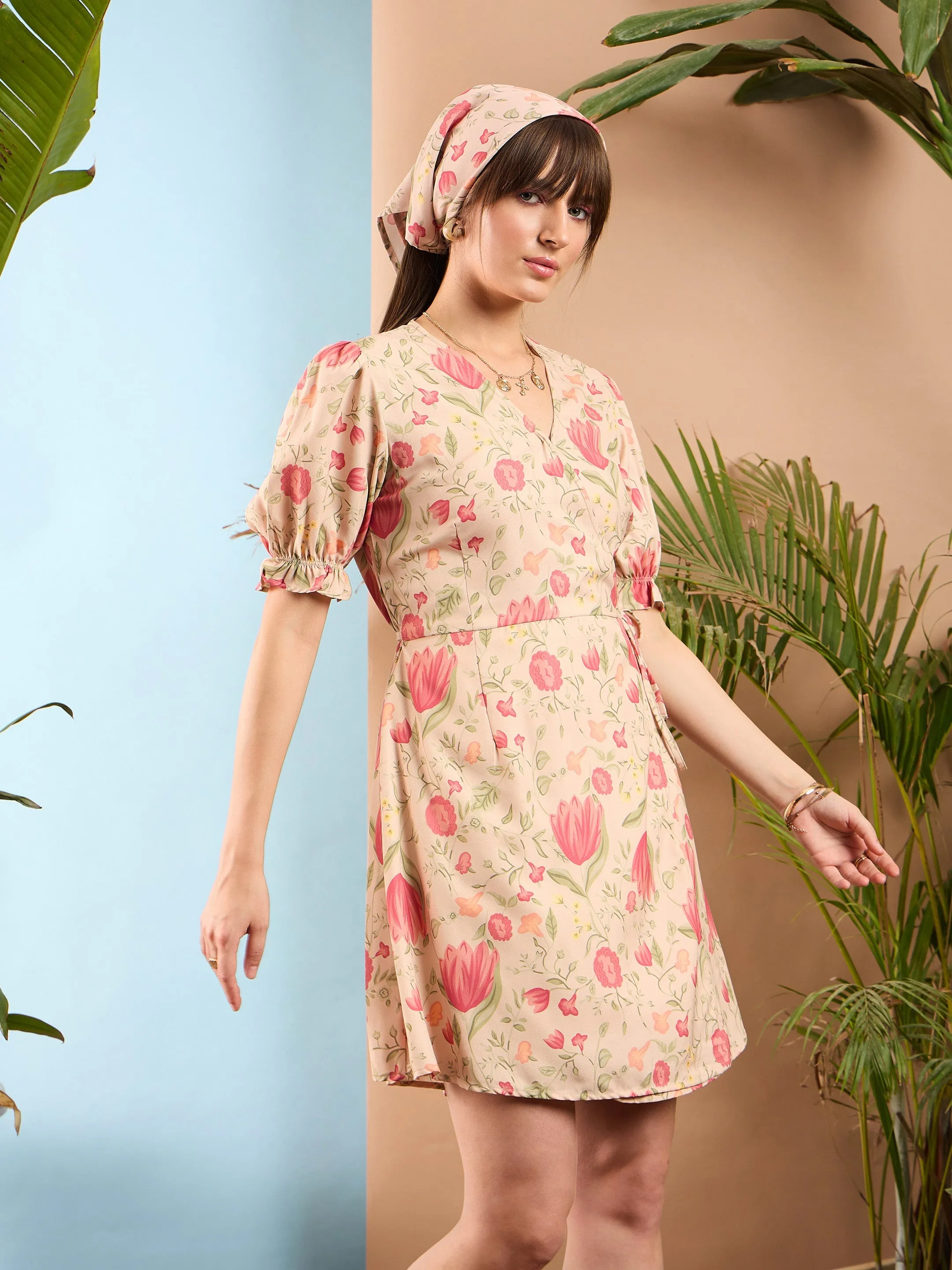 Women Beige Floral Wrap Short Dress