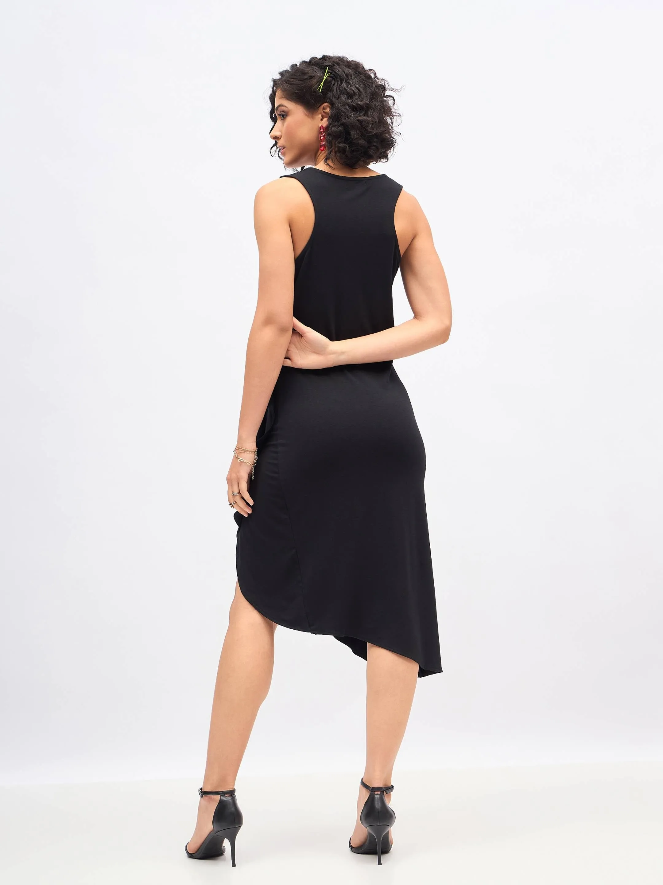 Women Black Box Back Cascade Ruffle Midi Dress