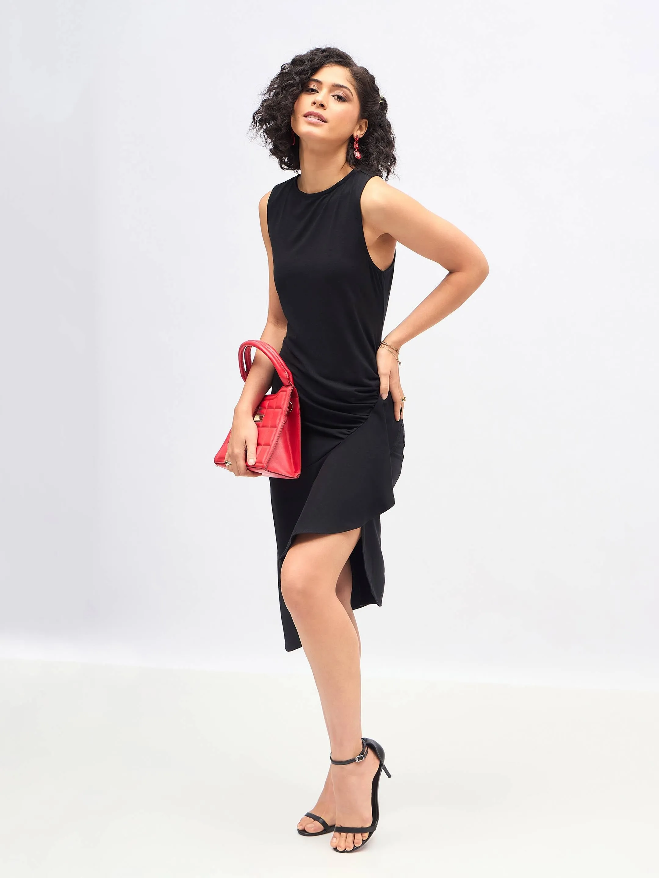 Women Black Box Back Cascade Ruffle Midi Dress