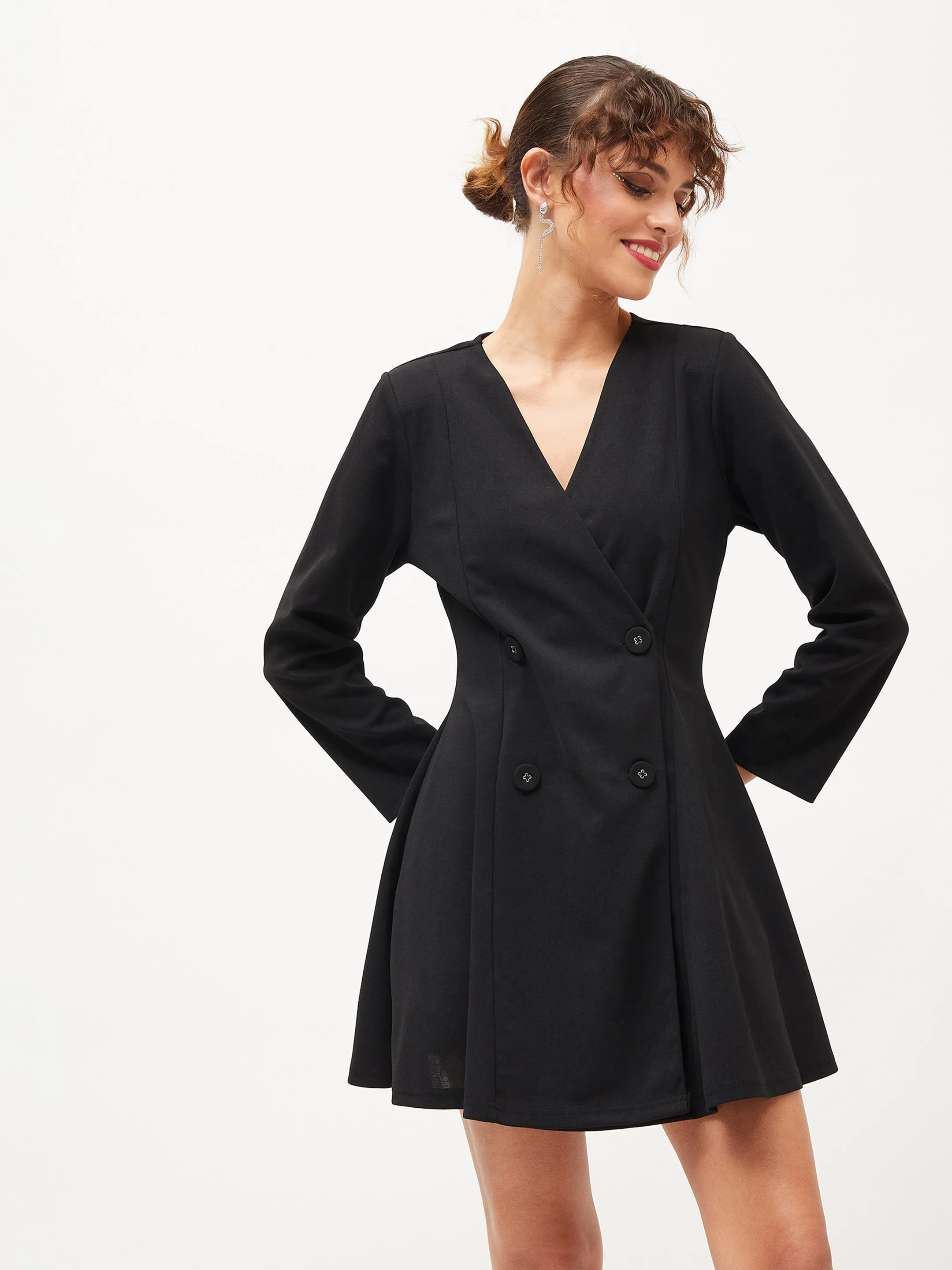 Women Black Knitted Wrap Dress