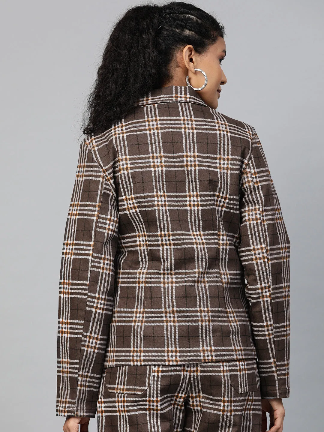 Women Brown Check Wrap Twill Blazer