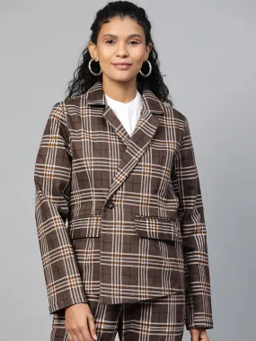 Women Brown Check Wrap Twill Blazer