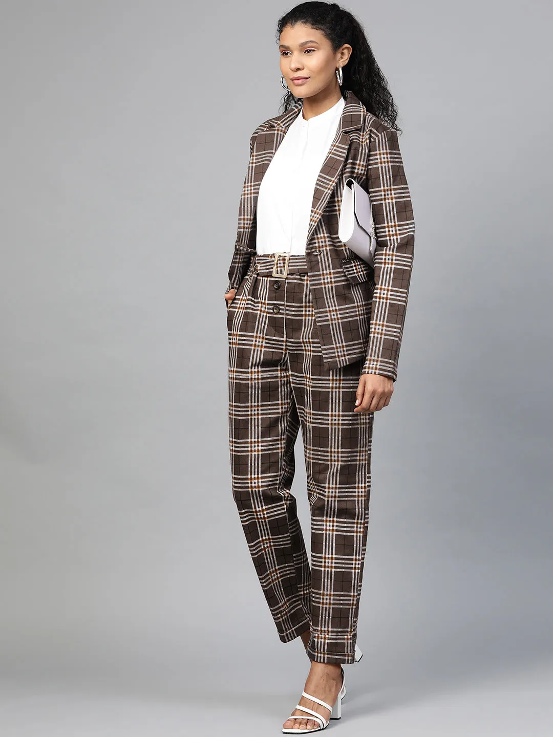 Women Brown Check Wrap Twill Blazer