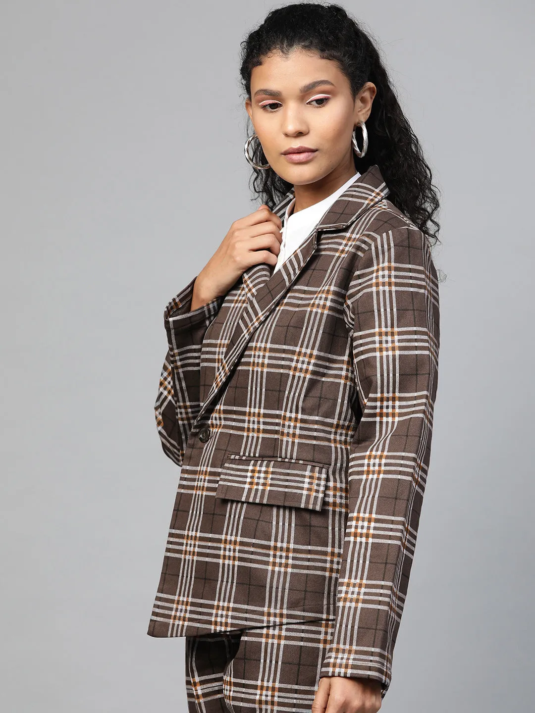 Women Brown Check Wrap Twill Blazer