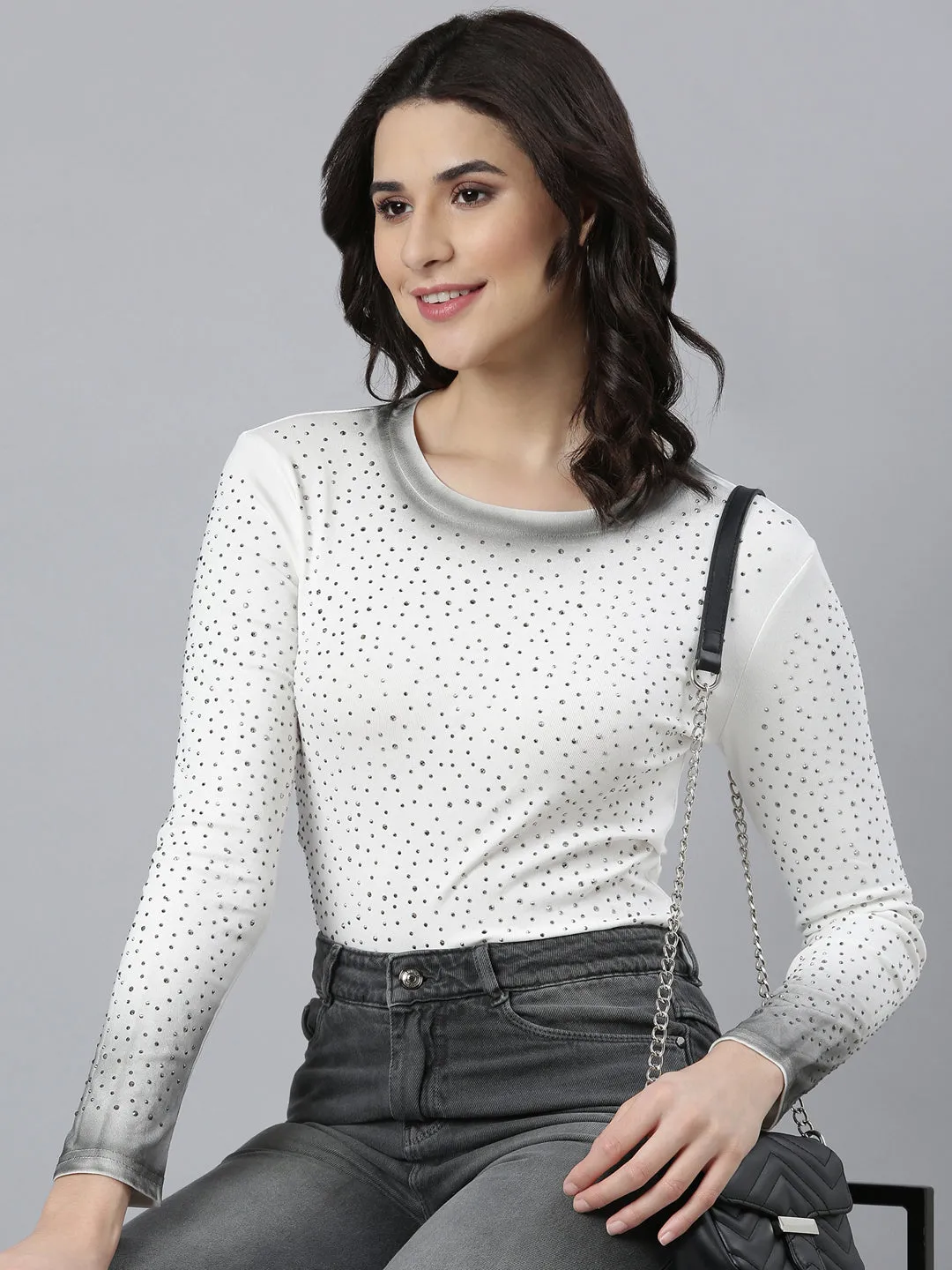 Women Embellished White Fitted Top