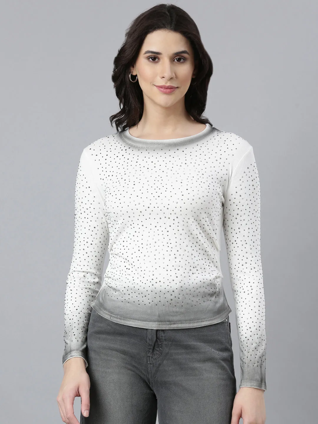 Women Embellished White Fitted Top