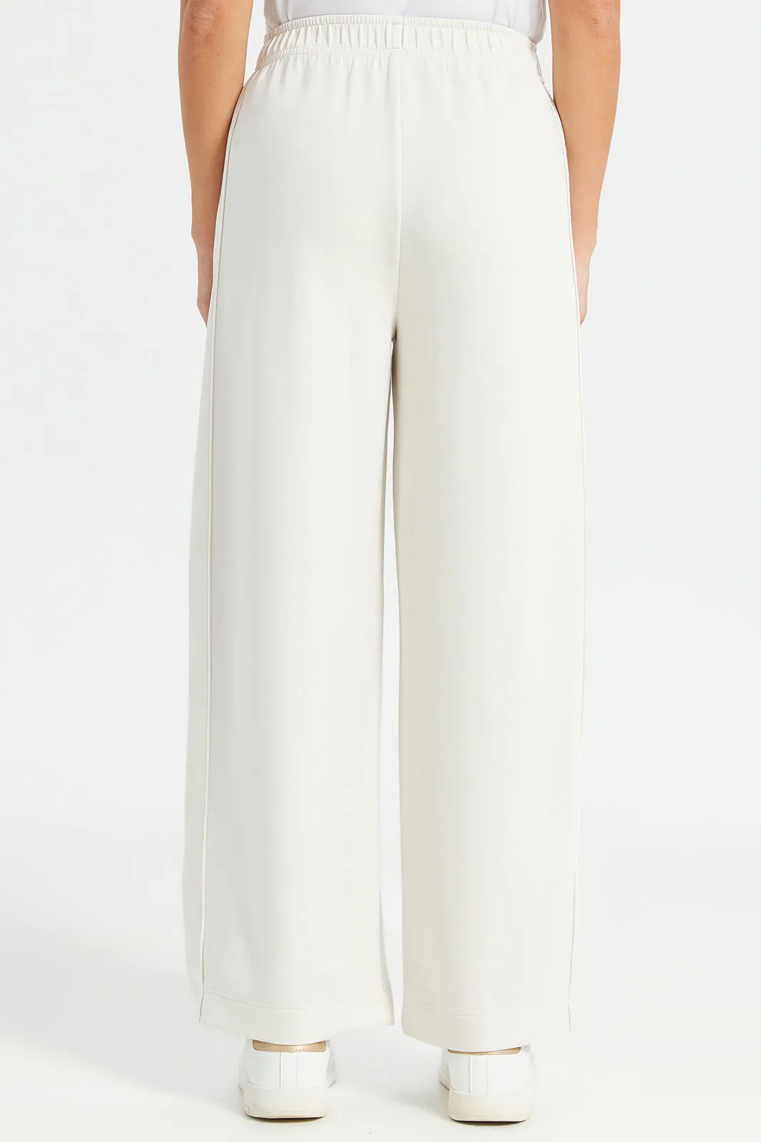 Women Ivory Wide Leg Piping Detailed Trouser