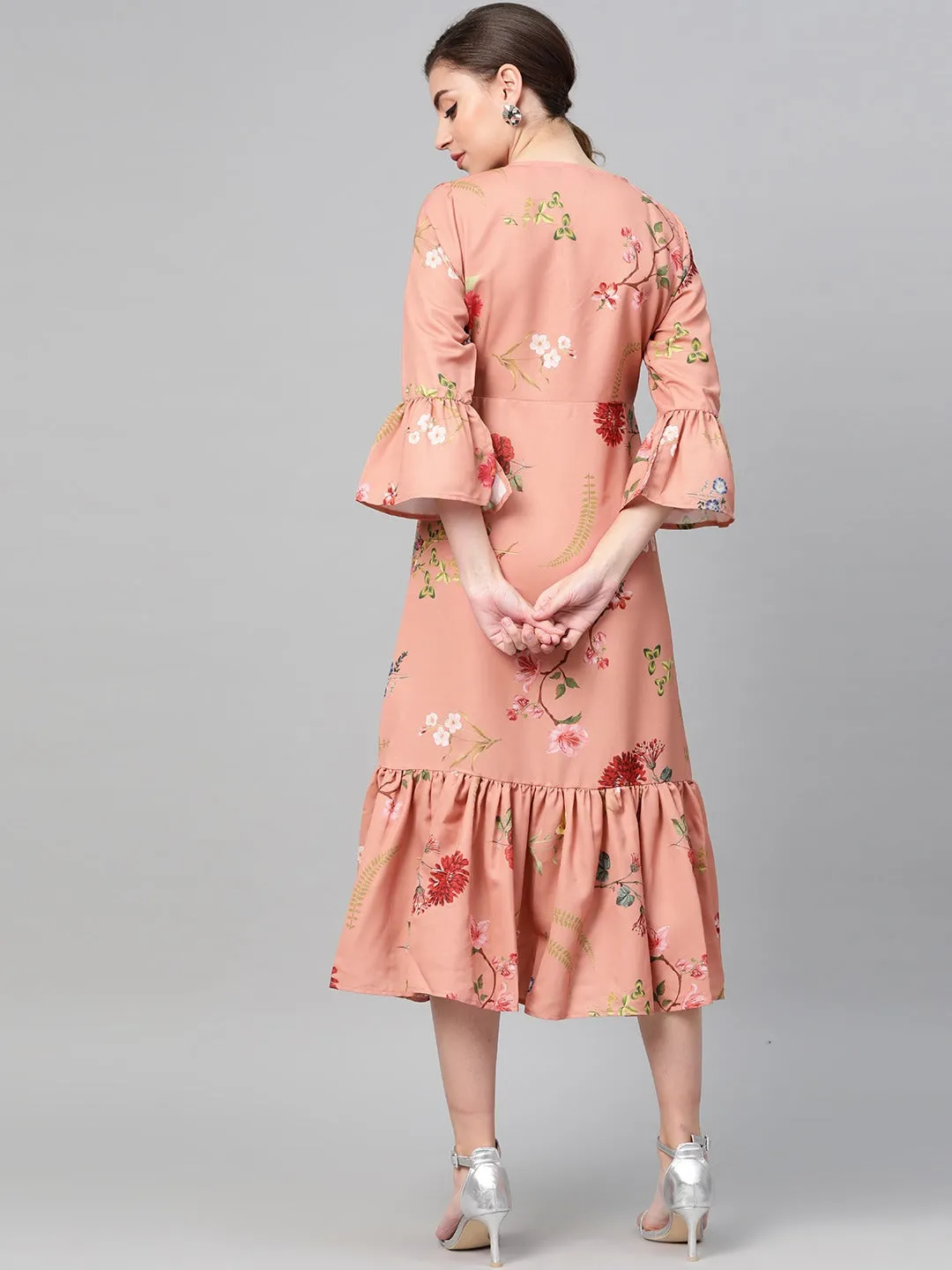 Women Pink Floral Frill Hem Wrap Dress