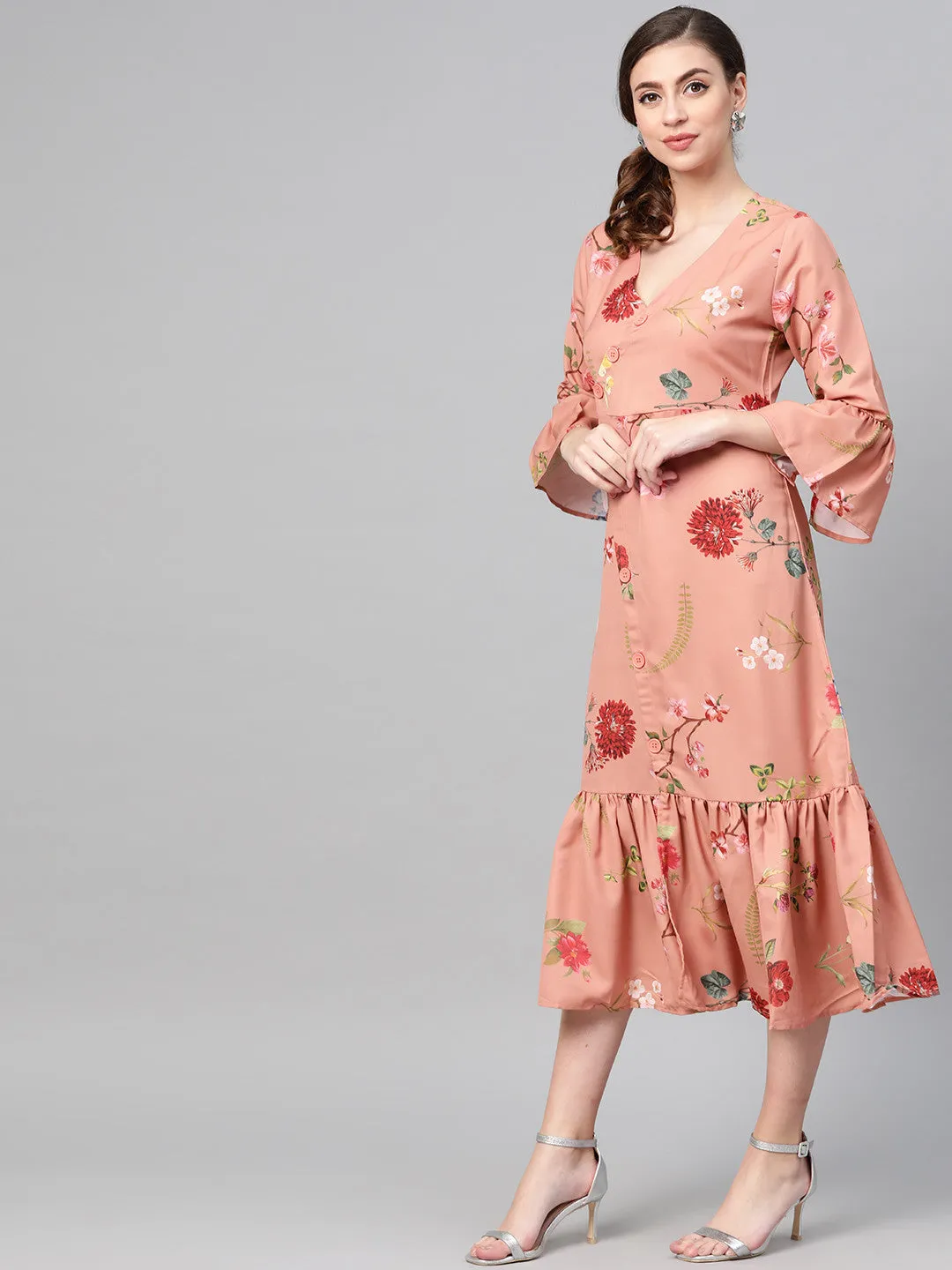 Women Pink Floral Frill Hem Wrap Dress