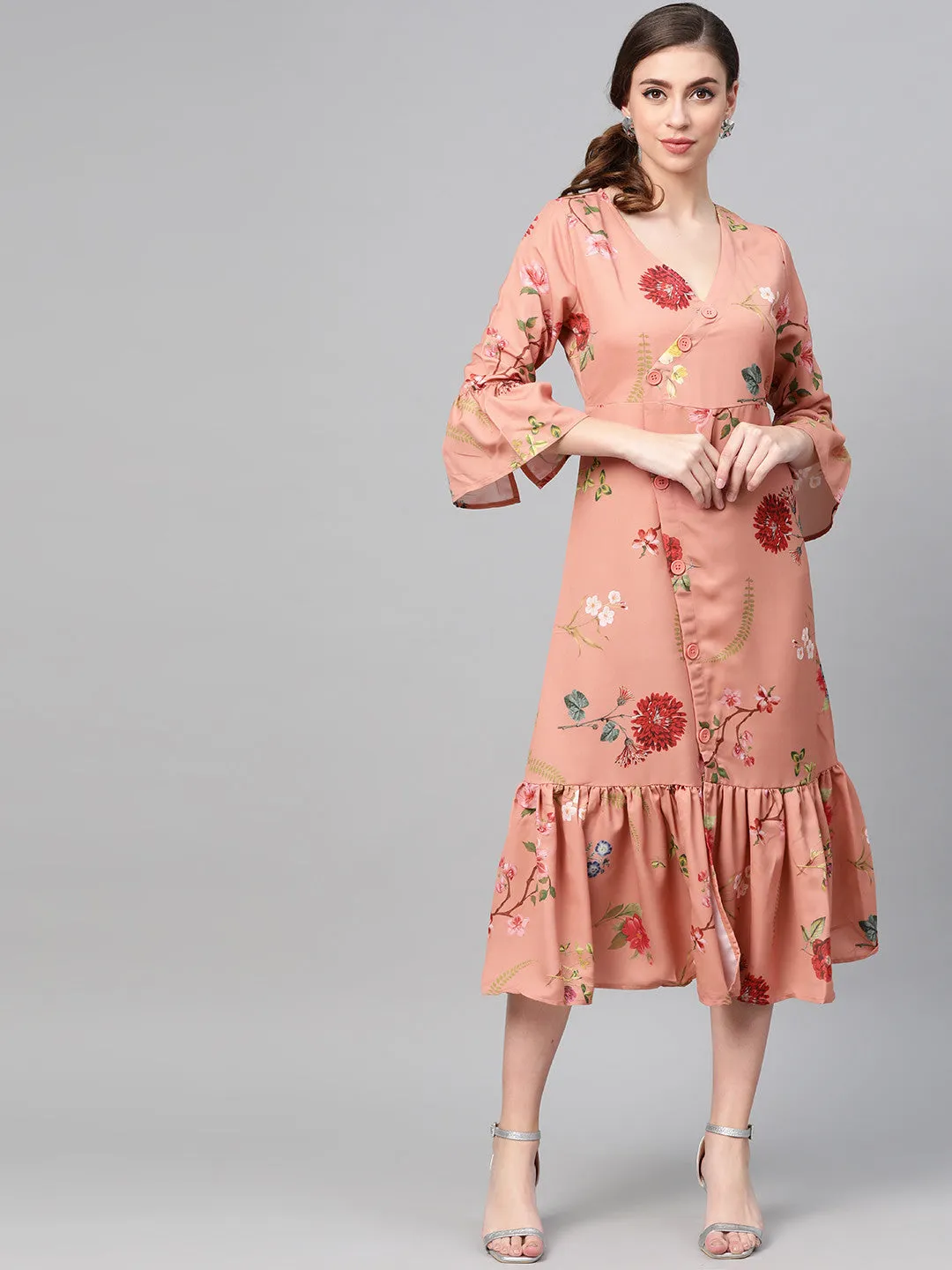 Women Pink Floral Frill Hem Wrap Dress