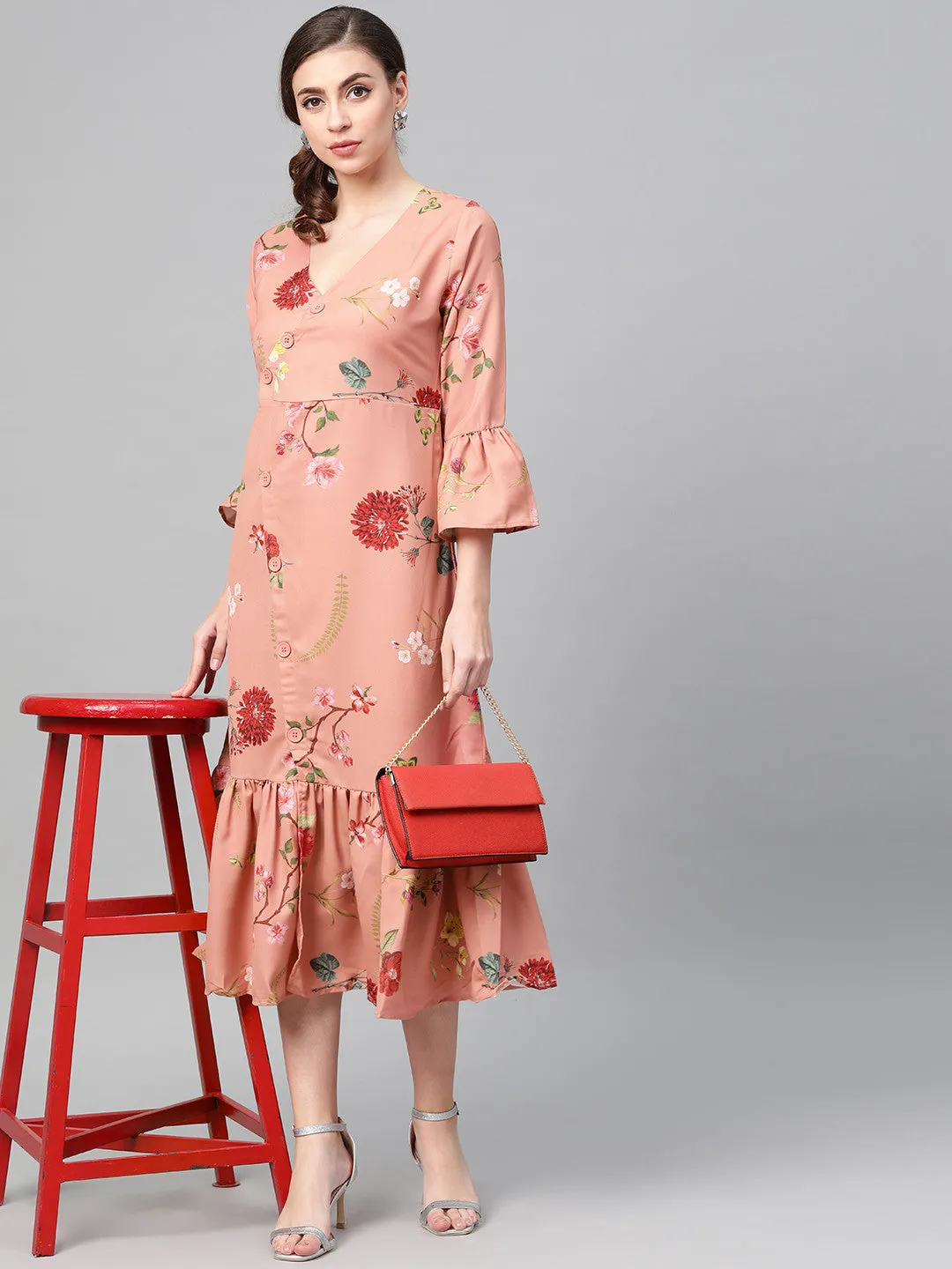 Women Pink Floral Frill Hem Wrap Dress