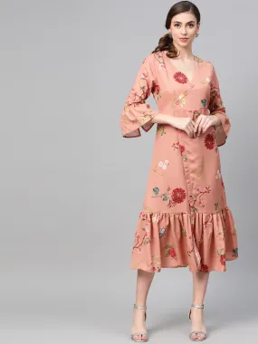 Women Pink Floral Frill Hem Wrap Dress