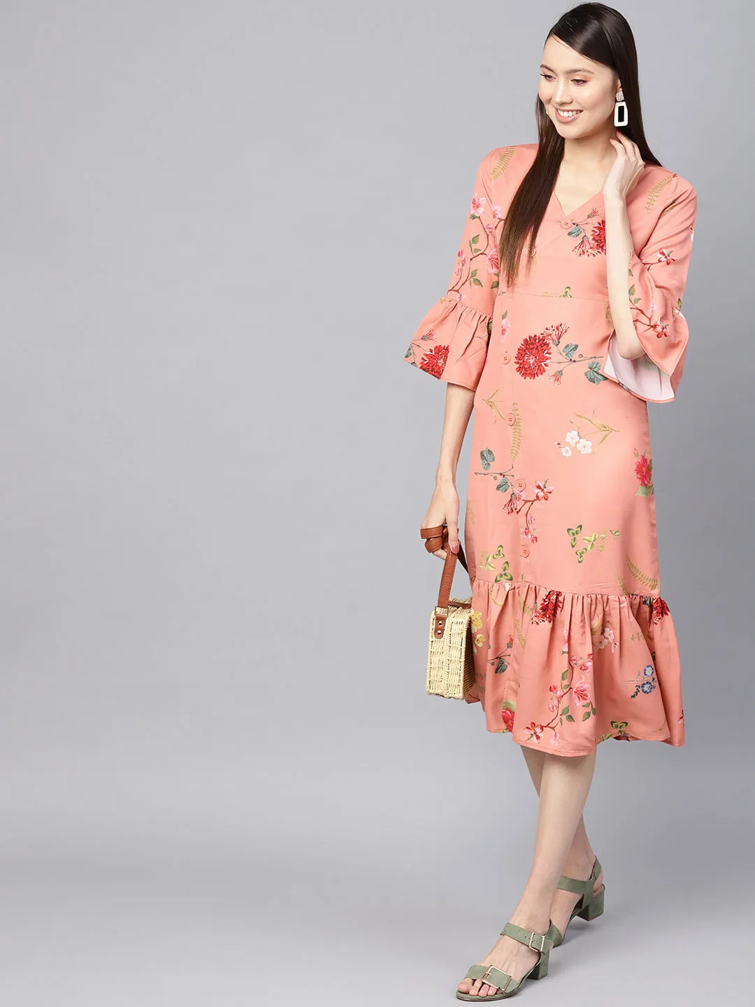 Women Pink Floral Frill Hem Wrap Dress