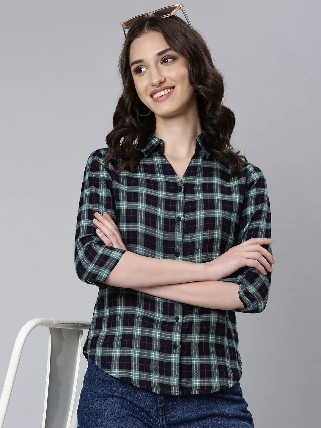 Women Sea Green Checked Shirt