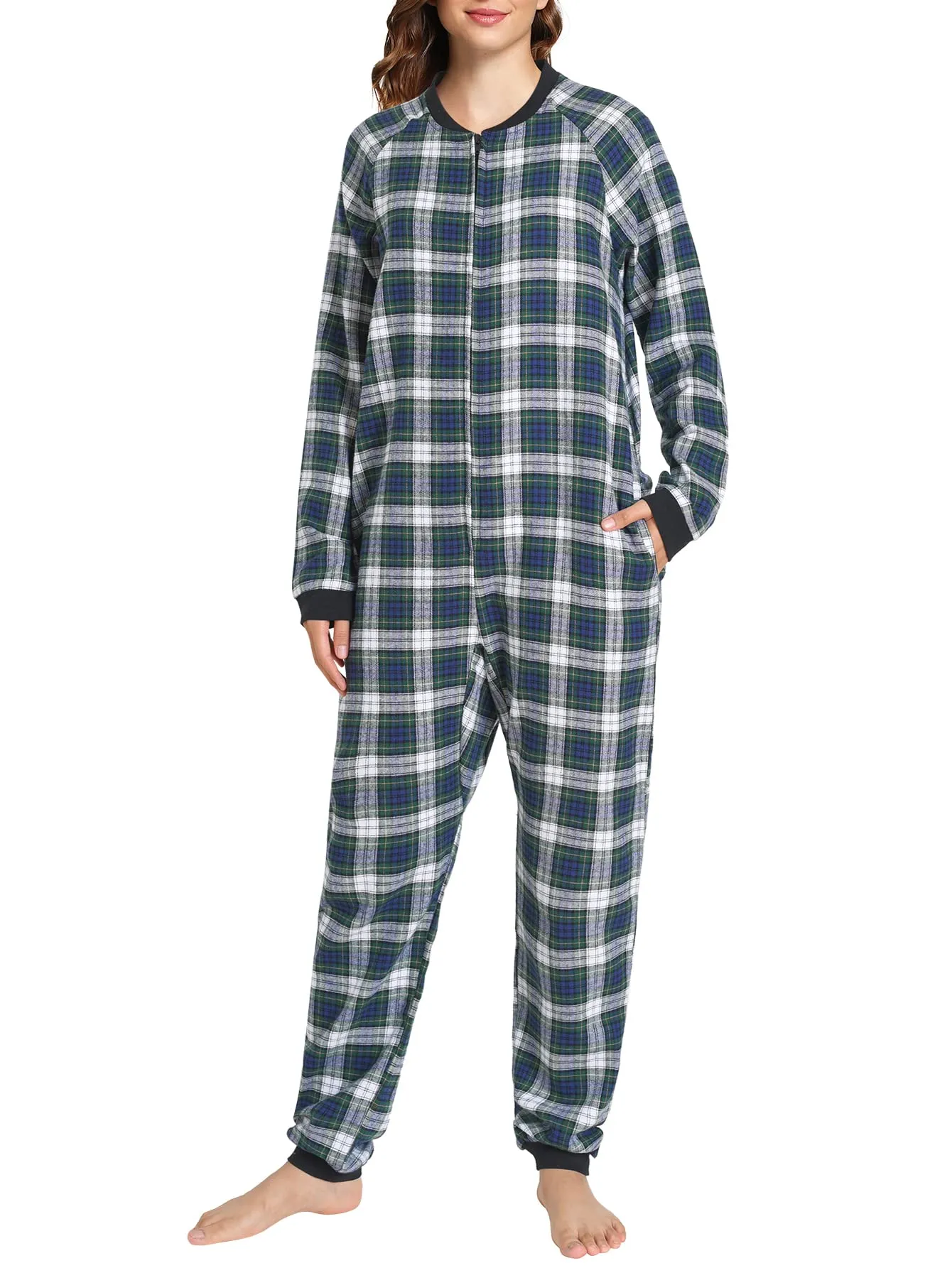 Women's Flannel Zipper Onesie Long Sleeves Pajama Jumpsuit