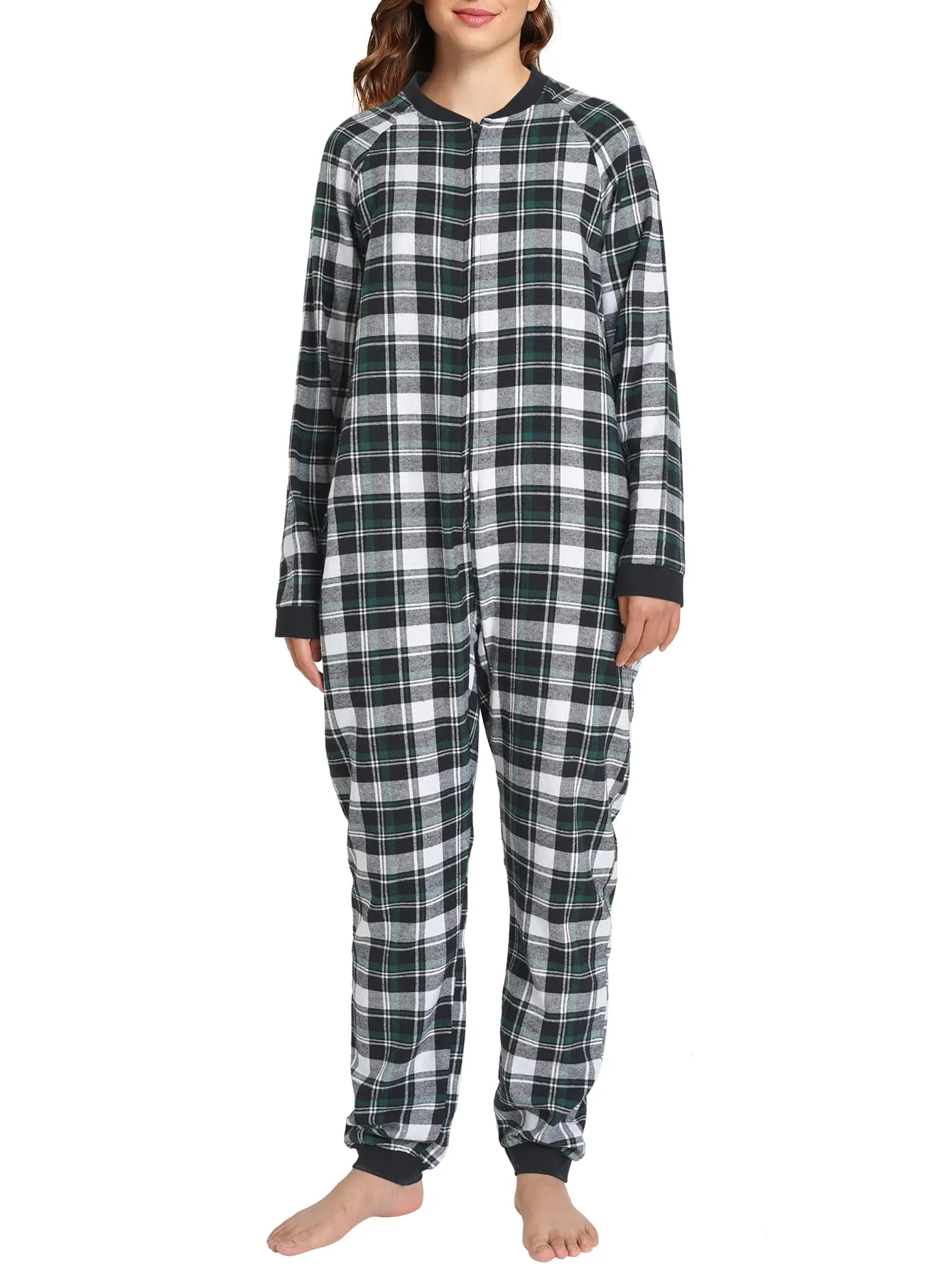 Women's Flannel Zipper Onesie Long Sleeves Pajama Jumpsuit