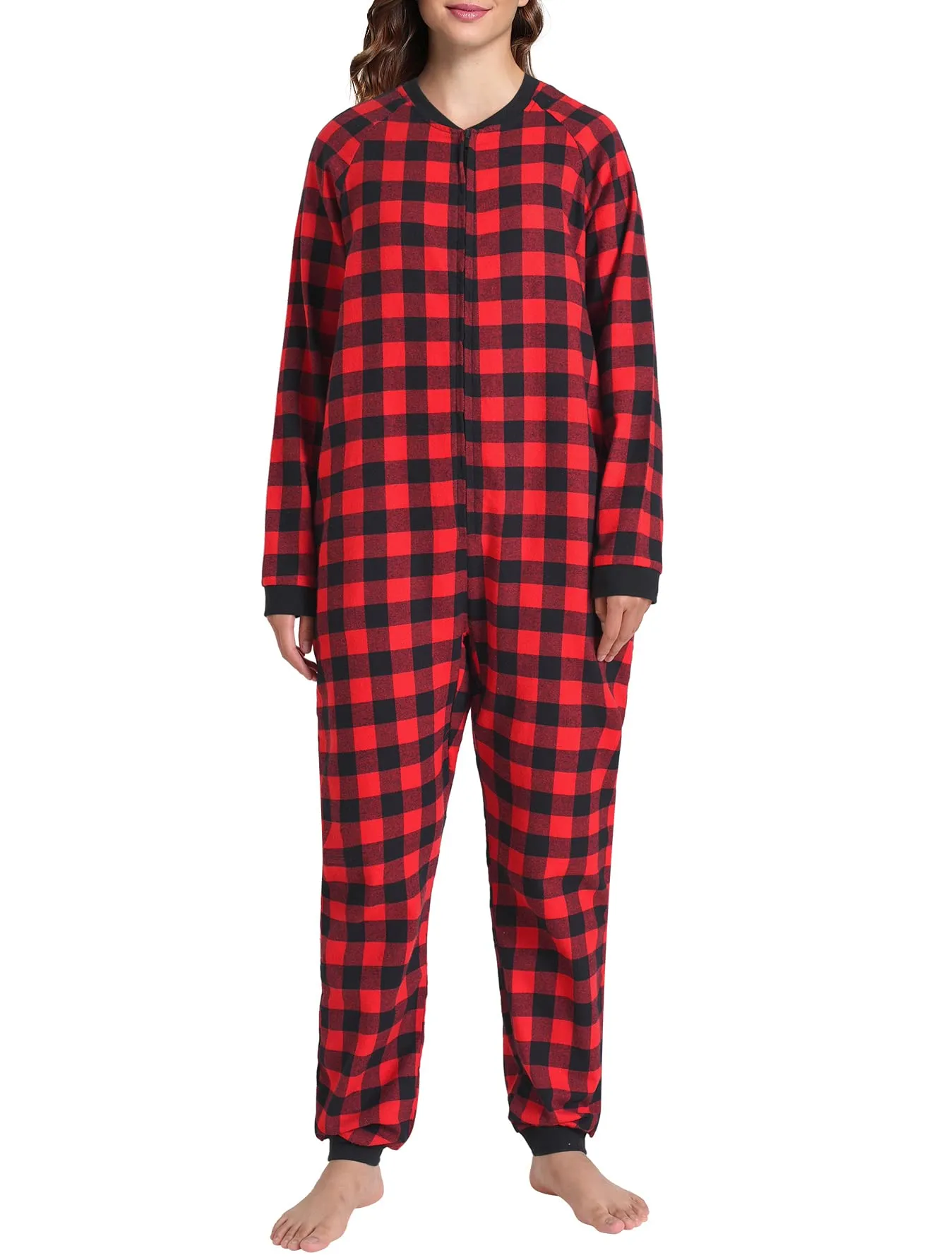 Women's Flannel Zipper Onesie Long Sleeves Pajama Jumpsuit