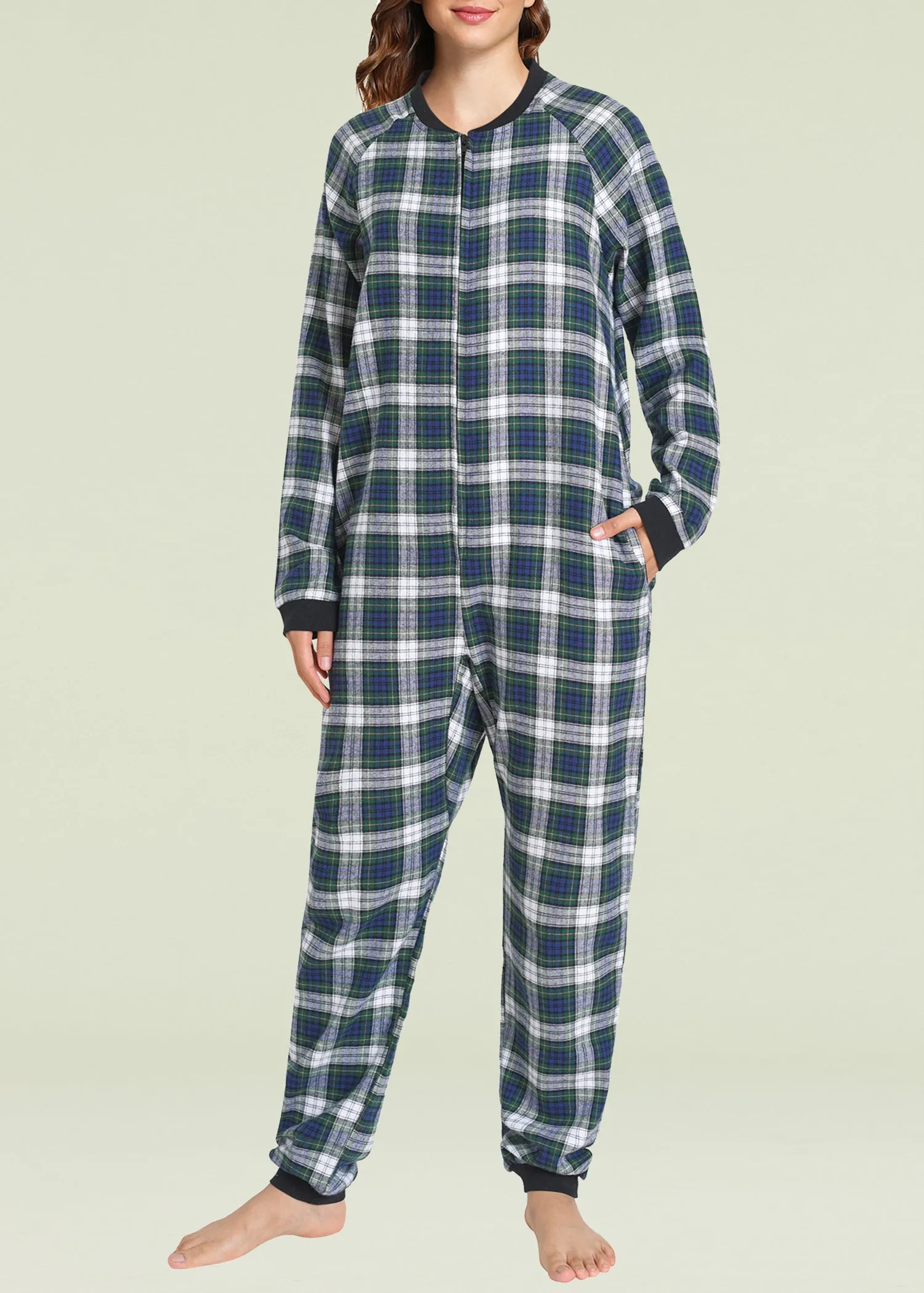 Women's Flannel Zipper Onesie Long Sleeves Pajama Jumpsuit