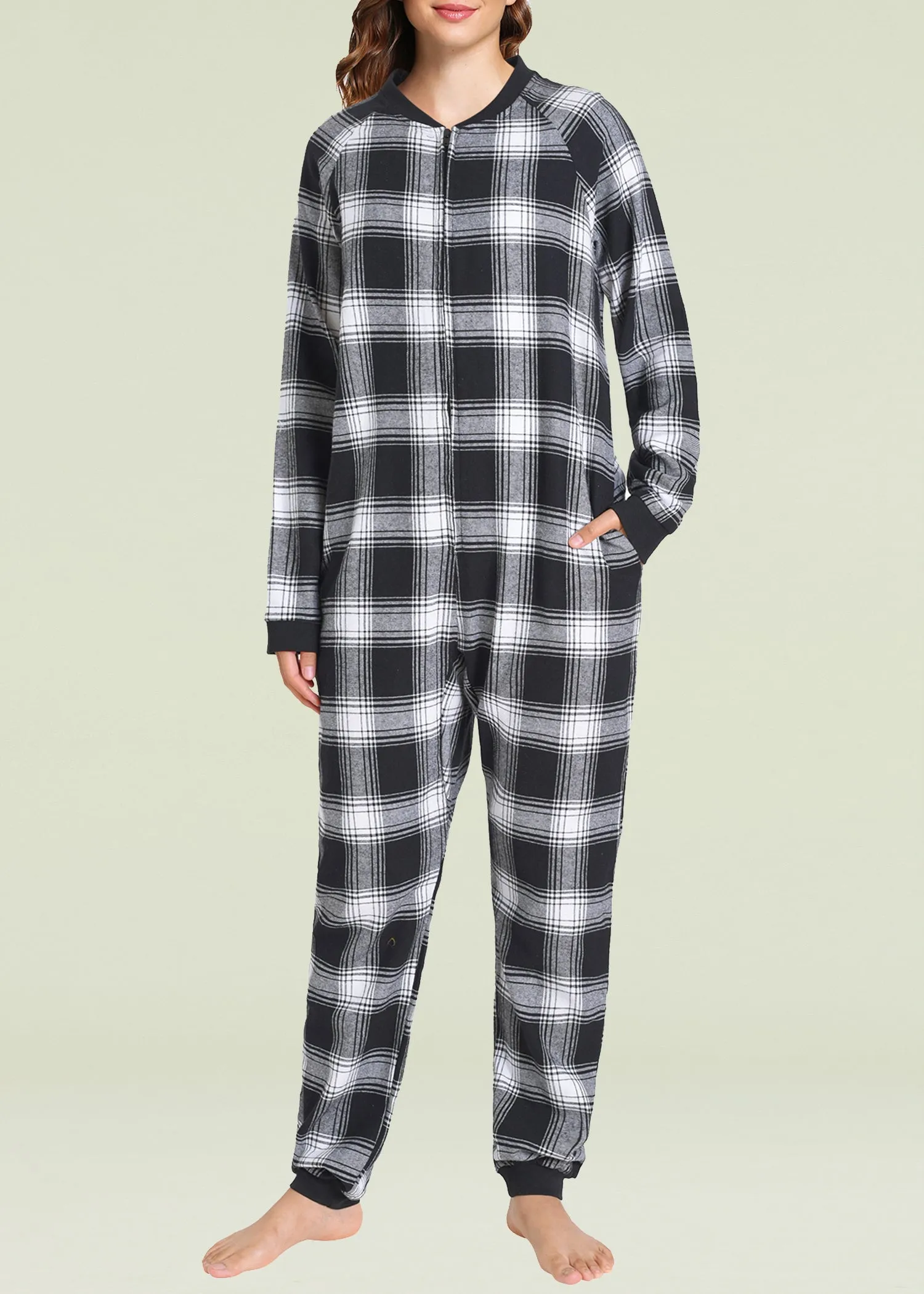 Women's Flannel Zipper Onesie Long Sleeves Pajama Jumpsuit