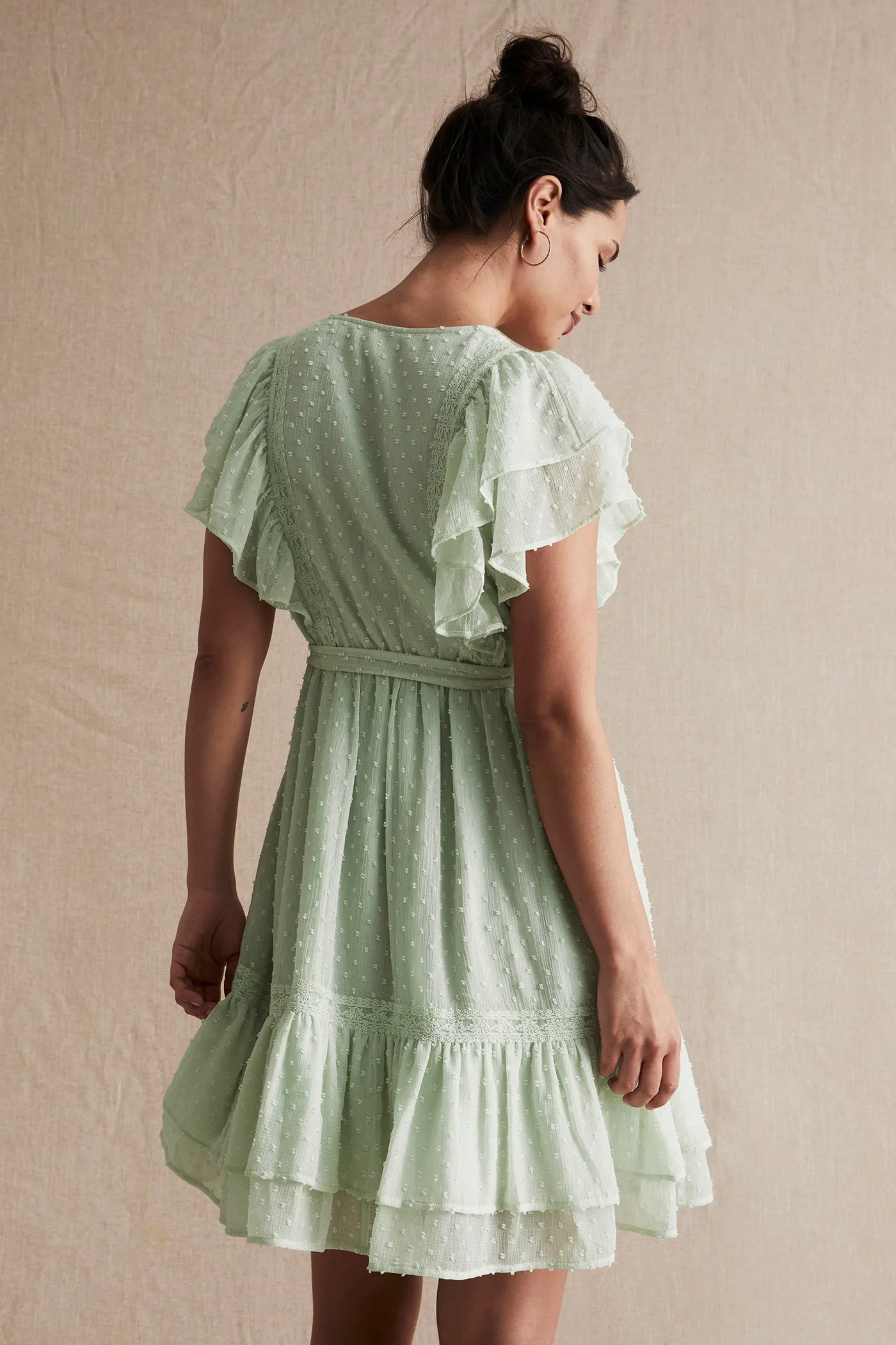 Womens green dobby dot chiffon dress