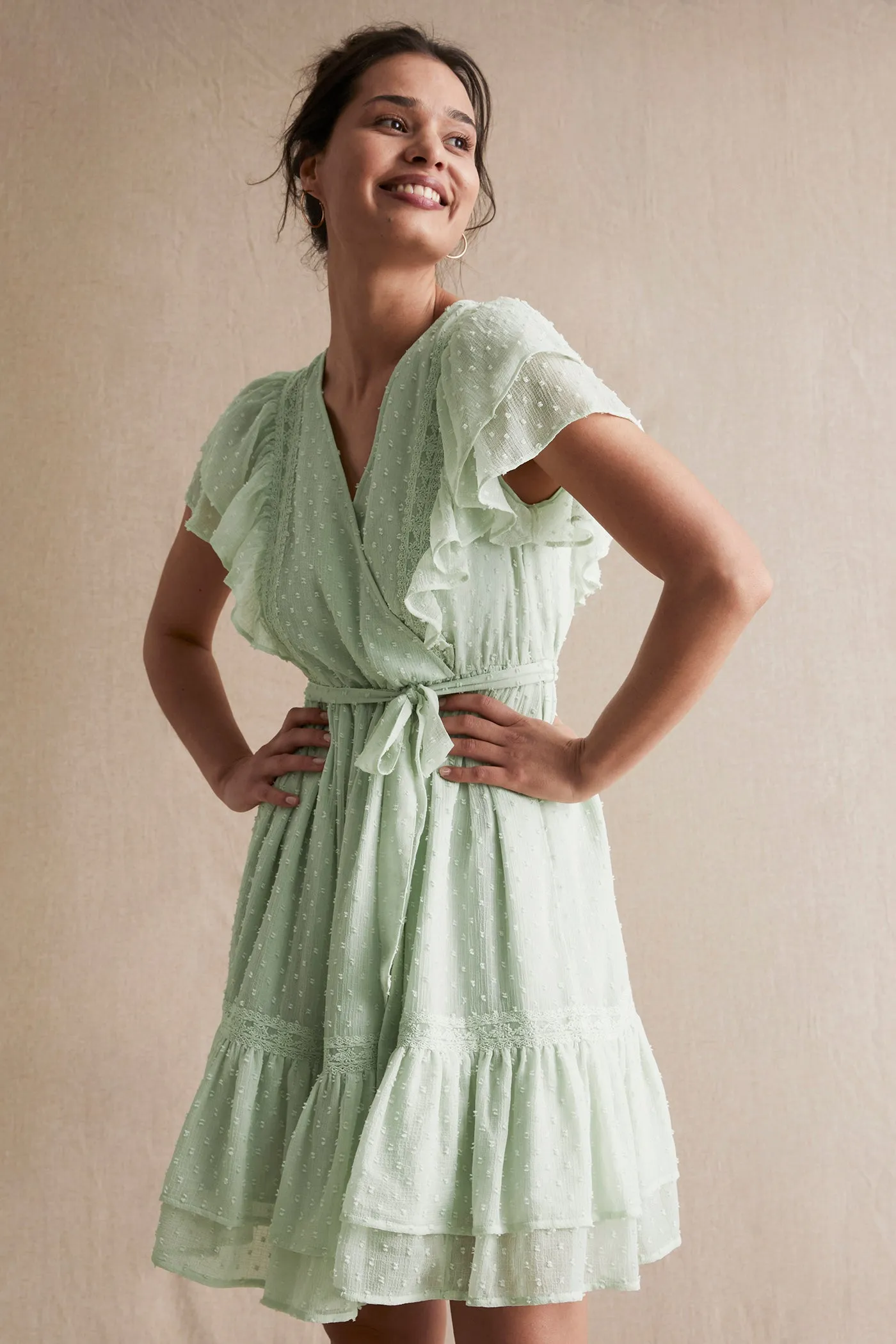 Womens green dobby dot chiffon dress