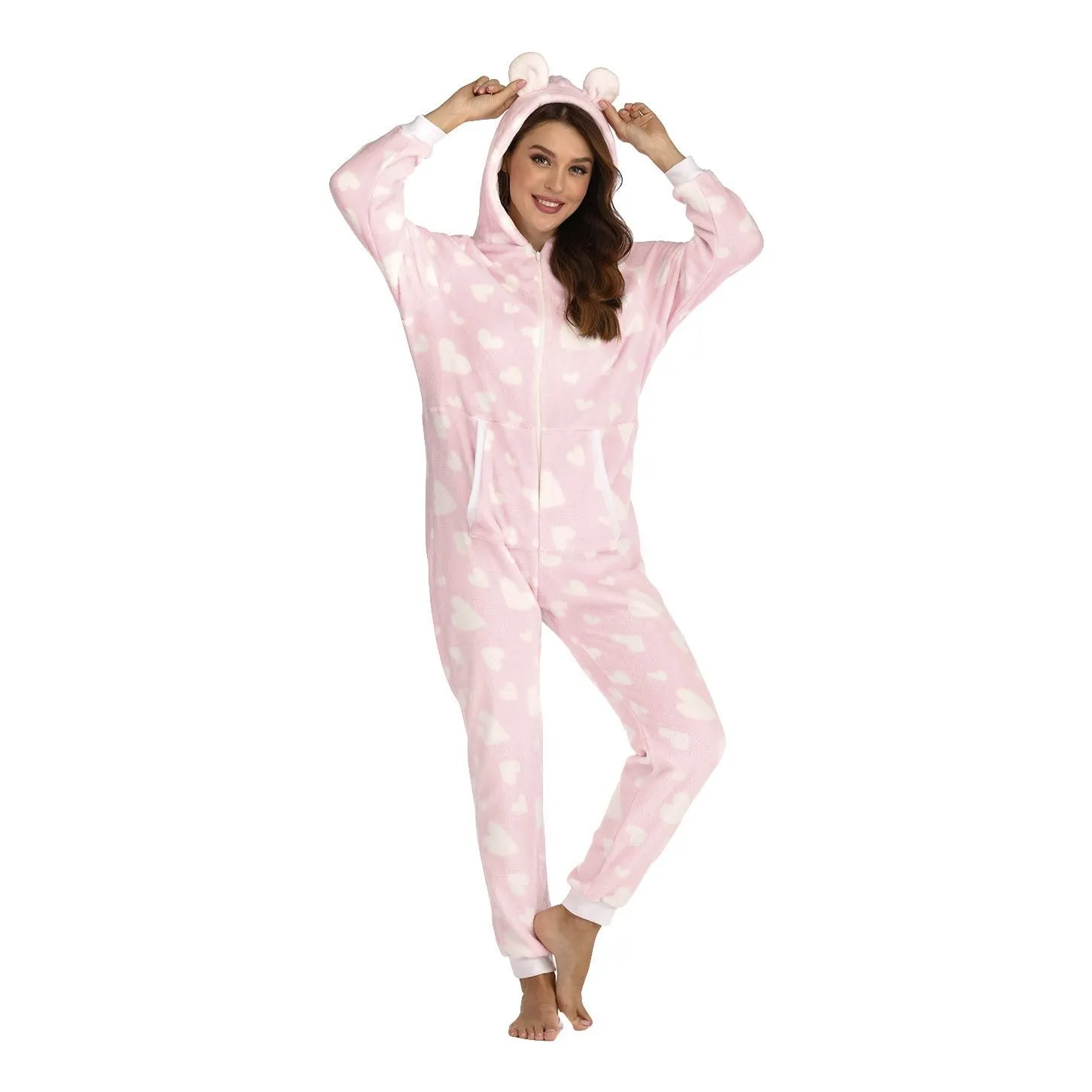 Women's Heart Zipper Onesie Pajamas One-Piece Hooded Jumpsuit Union Suit Adult