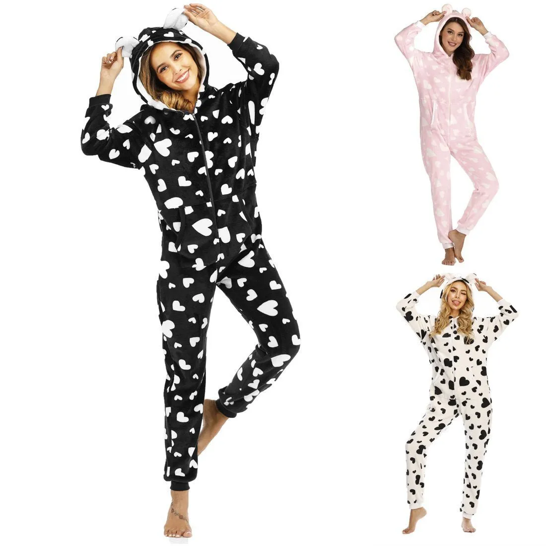 Women's Heart Zipper Onesie Pajamas One-Piece Hooded Jumpsuit Union Suit Adult