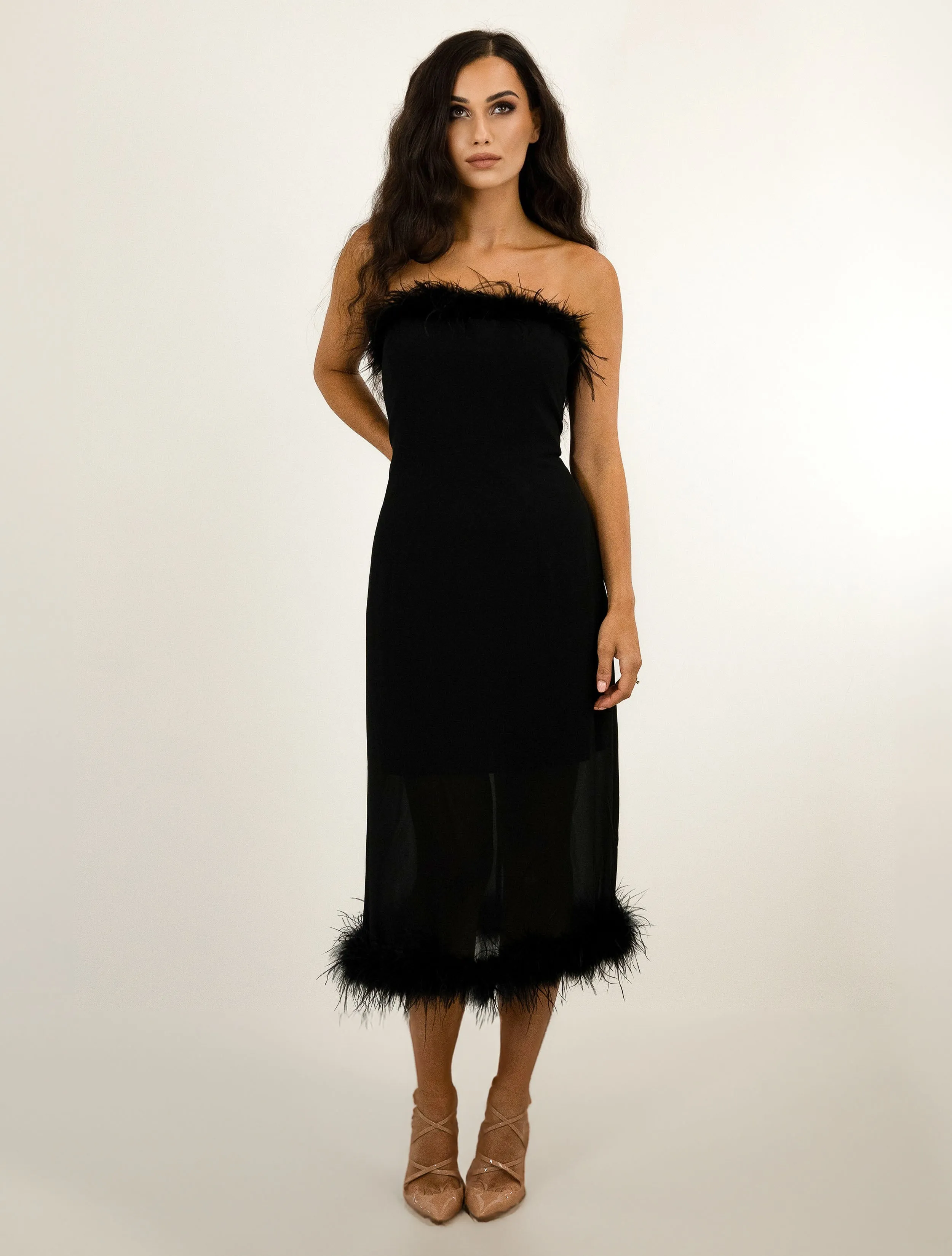 WOMENS OSTRICH FEATHER TRIMMED DRESS