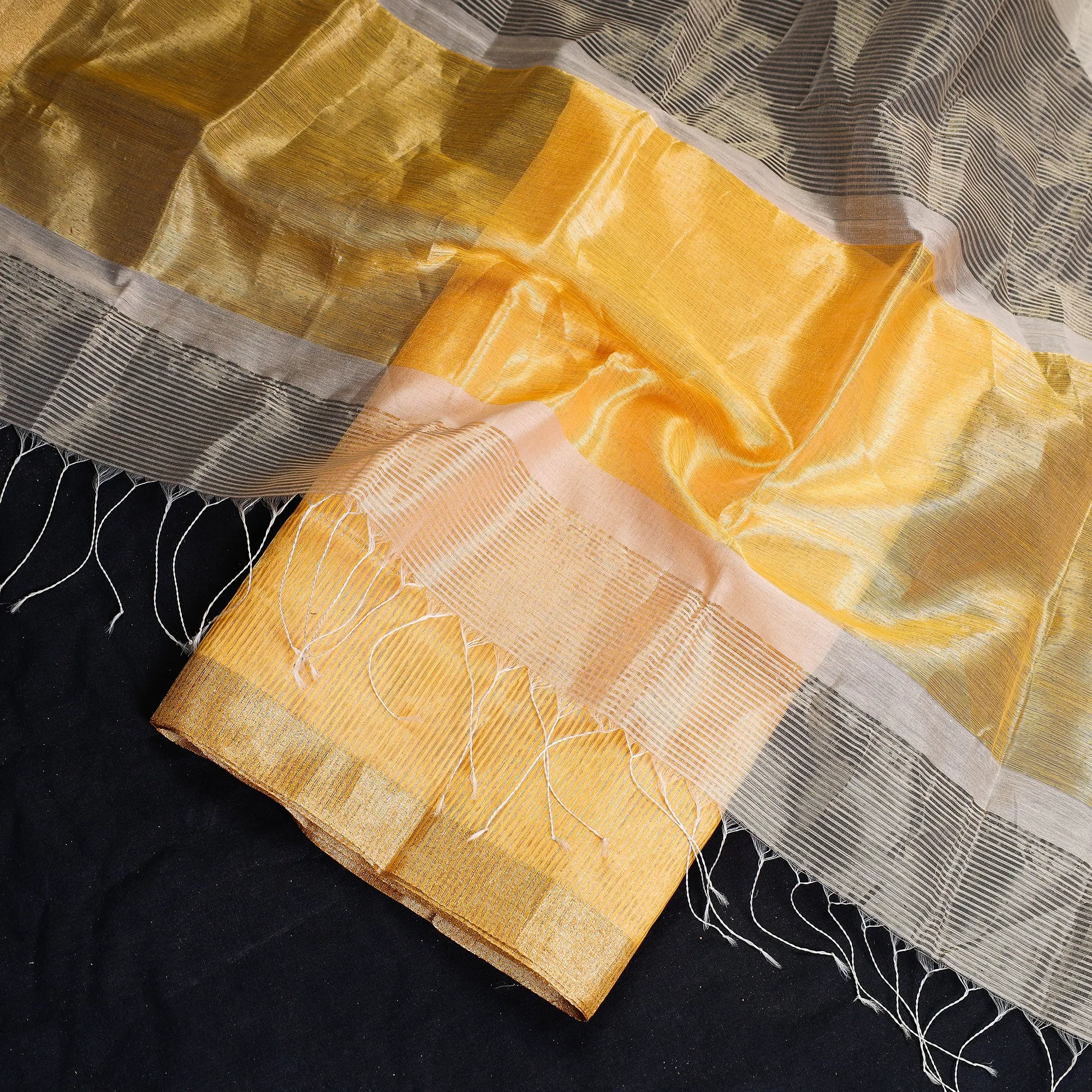 Yellow - 2pc Maheshwari Silk Cotton Handloom Tissue Zari Stripe Suit Material Set